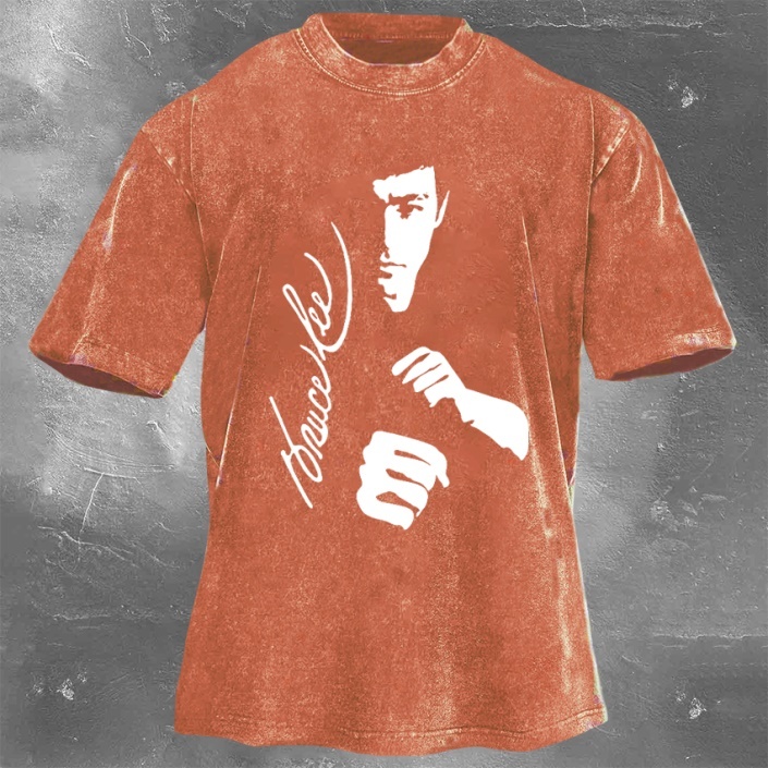 Bruce Lee Print Washed Retro Casual Short Sleeve 08