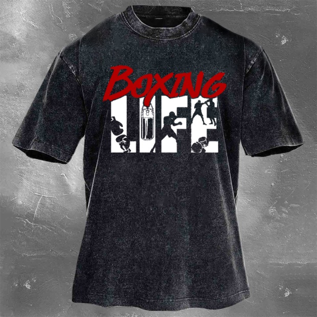 Street Fitness Boxing Print Washed Vintage Short Sleeve 07