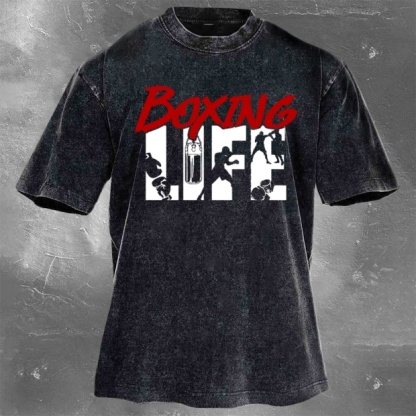 Street Fitness Boxing Print Washed Vintage Short Sleeve 07