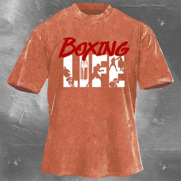 Street Fitness Boxing Print Washed Vintage Short Sleeve 07