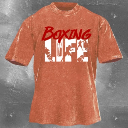 Street Fitness Boxing Print Washed Vintage Short Sleeve 07