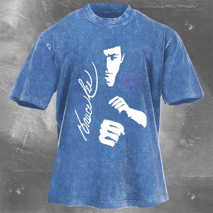 Bruce Lee Print Washed Retro Casual Short Sleeve 08