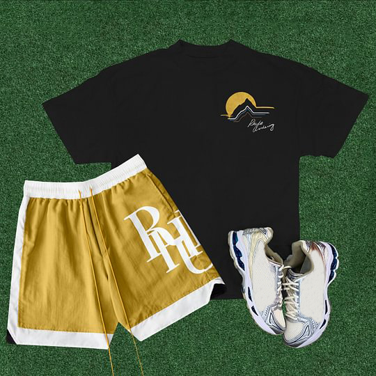 Rhude Awakening  Geometric  Casual Street Basketball Mesh Shorts T-Shirt Two-Piece Set