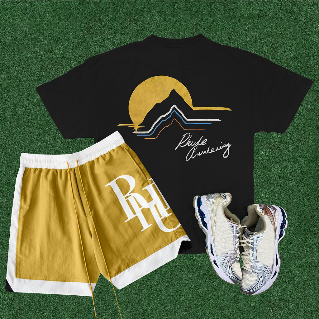 Rhude Awakening  Geometric  Casual Street Basketball Mesh Shorts T-Shirt Two-Piece Set