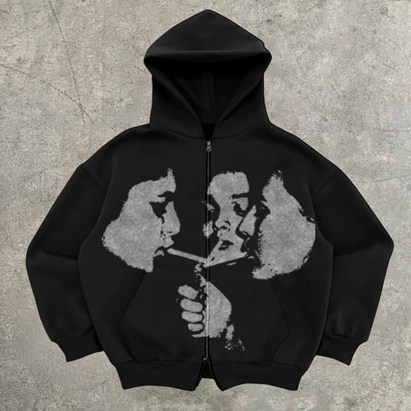 Relaxed Vintage Graphic Casual Street Hip Hop Oversized Zip Up Hoodie