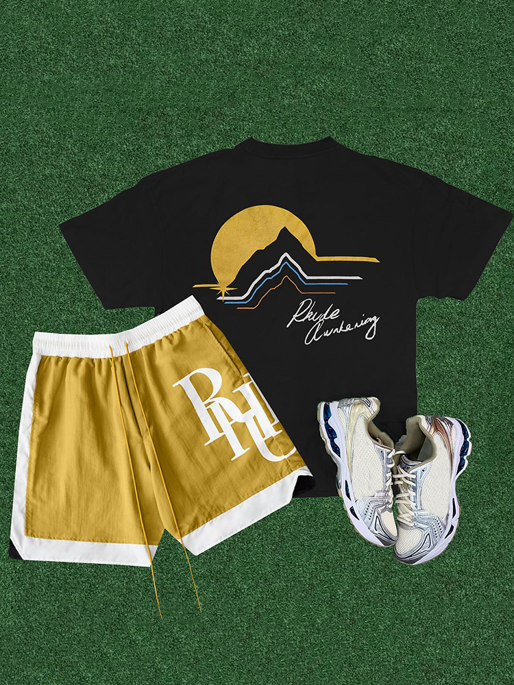 Rhude Awakening  Geometric  Casual Street Basketball Mesh Shorts T-Shirt Two-Piece Set