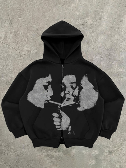 Relaxed Vintage Graphic Casual Street Hip Hop Oversized Zip Up Hoodie