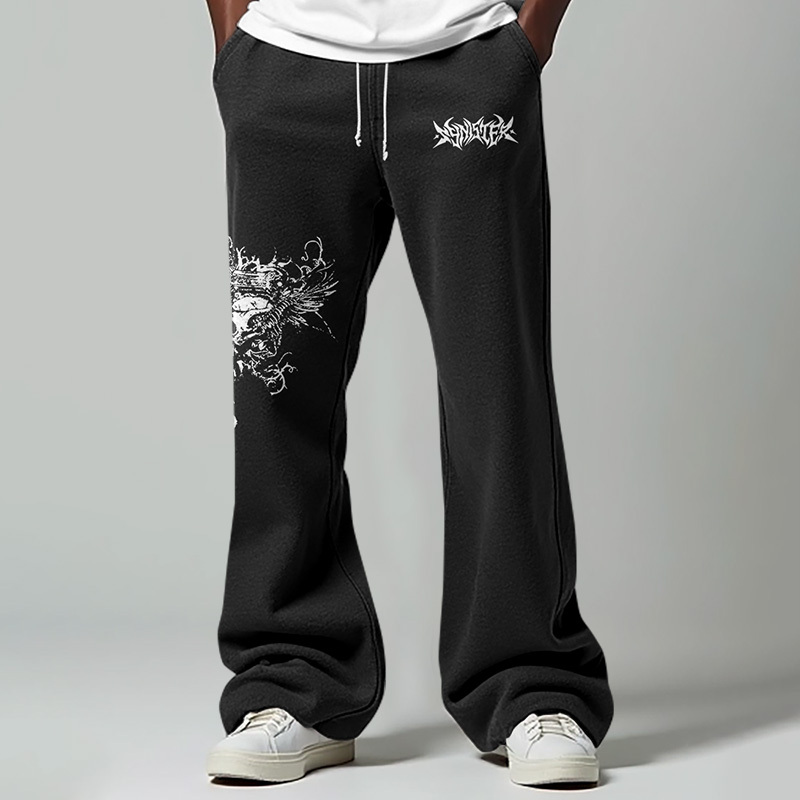 Vintage Skull Print Casual Flared Sweatpants