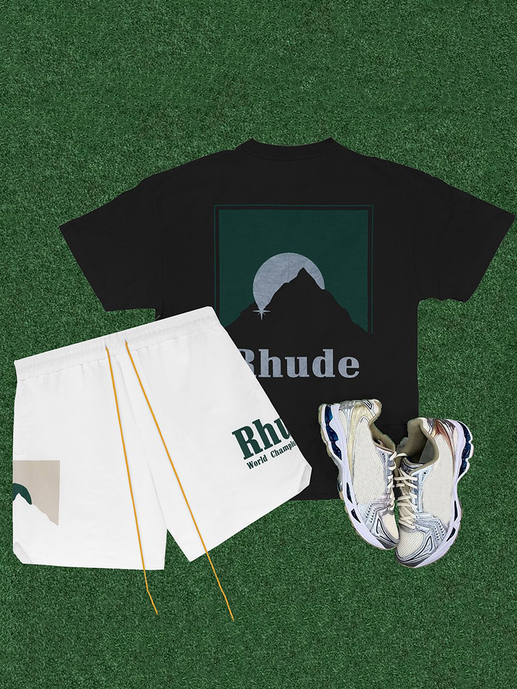 Rhude World Championship Team  Casual Street Basketball Mesh Shorts T-Shirt Two-Piece Set