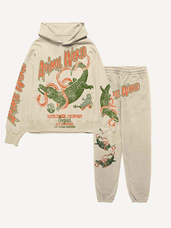 Crocodile&Snake&Letter Print Drawstring Waist Two-Piece Set