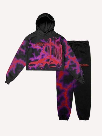 Car&Lightning&Letter Print Drawstring Waist Two-Piece Set