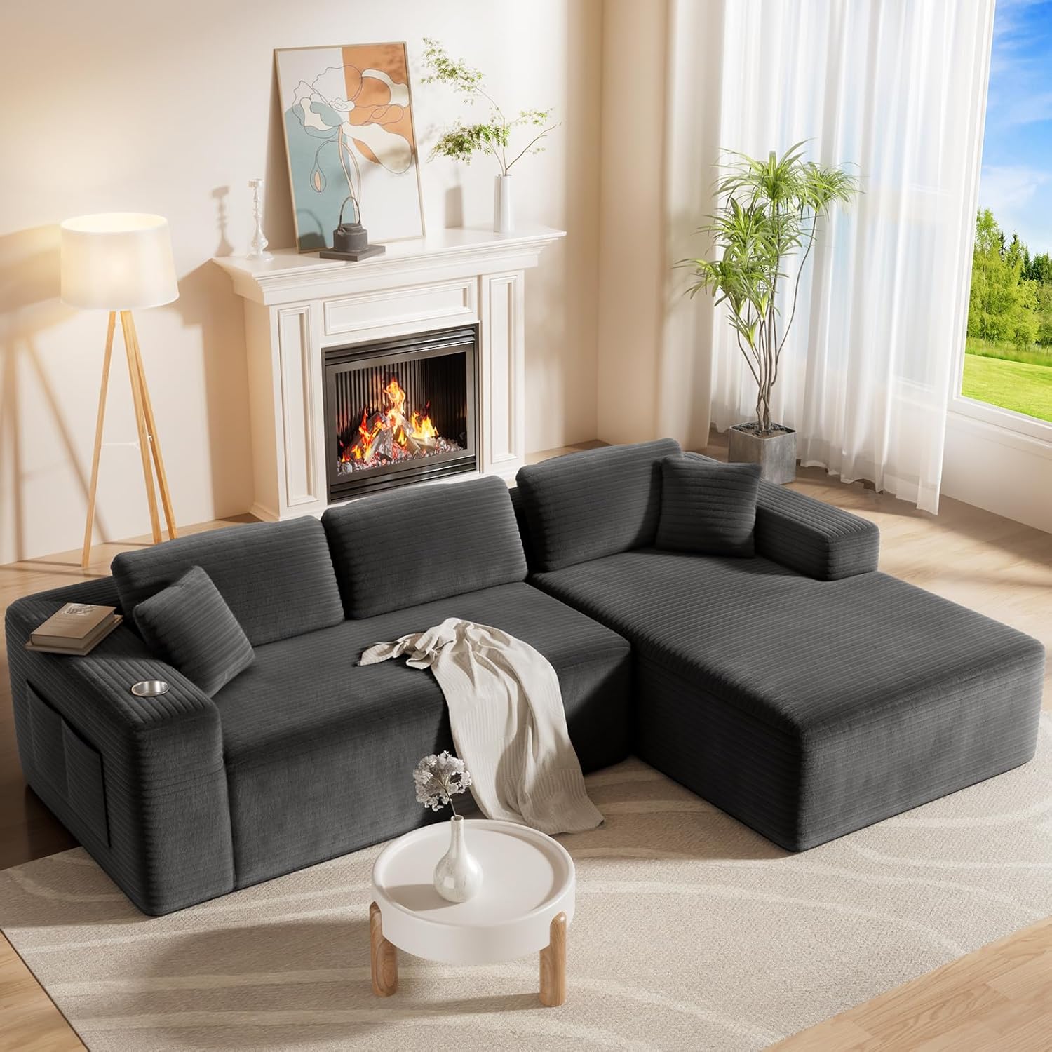 CAMMOO 108" L-Shaped Boneless Sectional Sofa, Cloud Couch in One Box (Grey, Right Hand Facing) 
