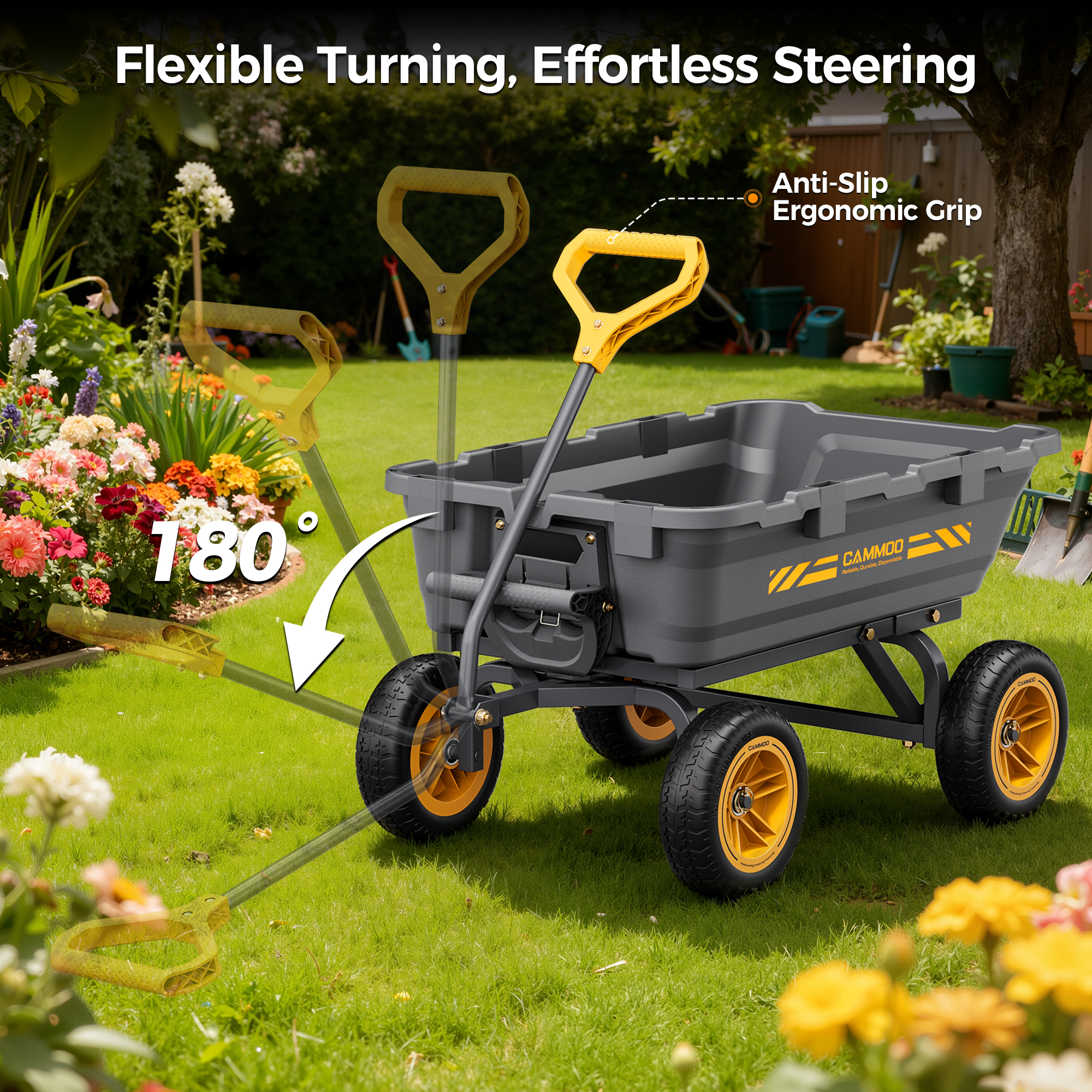 CAMMOO 900lbs Utility Heavy-Duty Garden Dump Cart Wagon DIY Expandable Capacity Over 4 Cu.Ft with 10" NO-FLAT TIRES for Landscaping Gardening