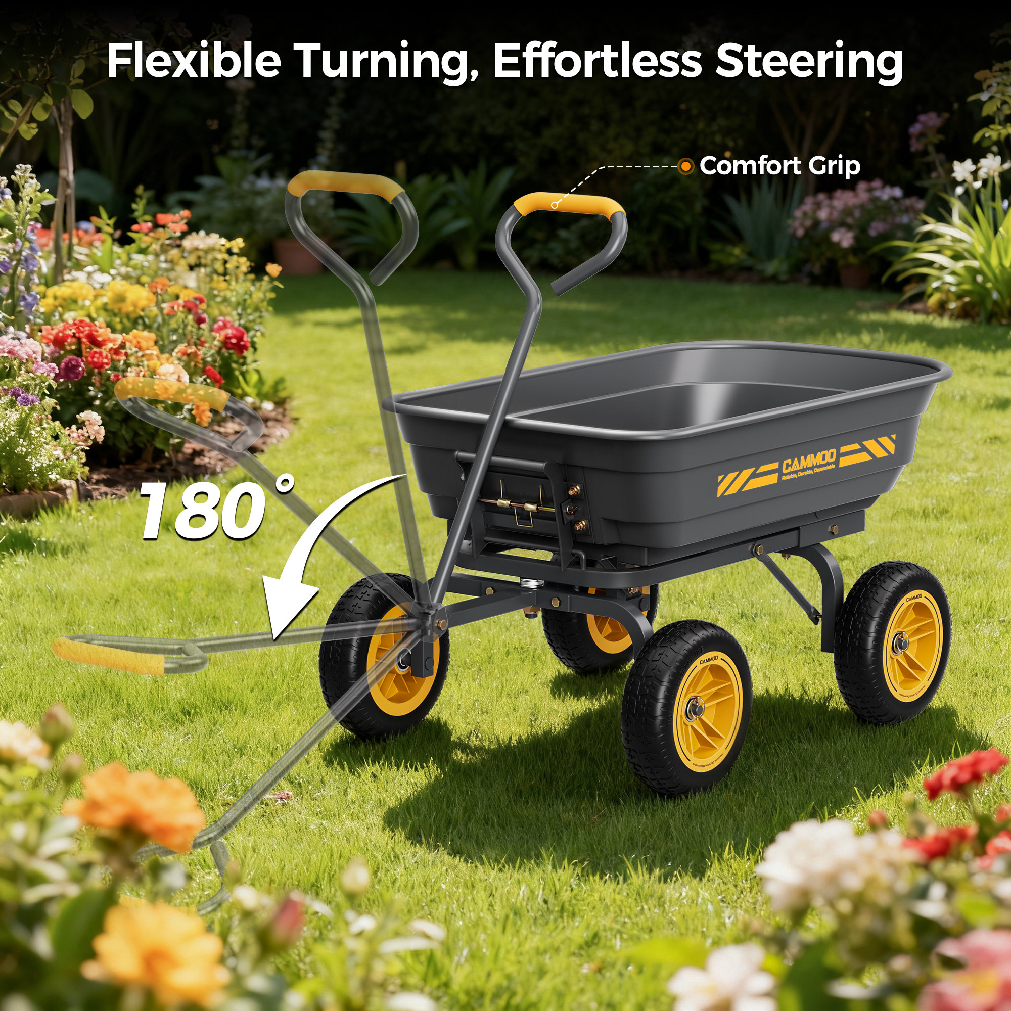 CAMMOO 600 lbs Heavy Duty Garden Dump Cart, 4 Cu. Ft. Utility Wagon with 10" No-Flat Tires, Quick-Release Dumping for Yard, Lawn, Landscaping & Gardening