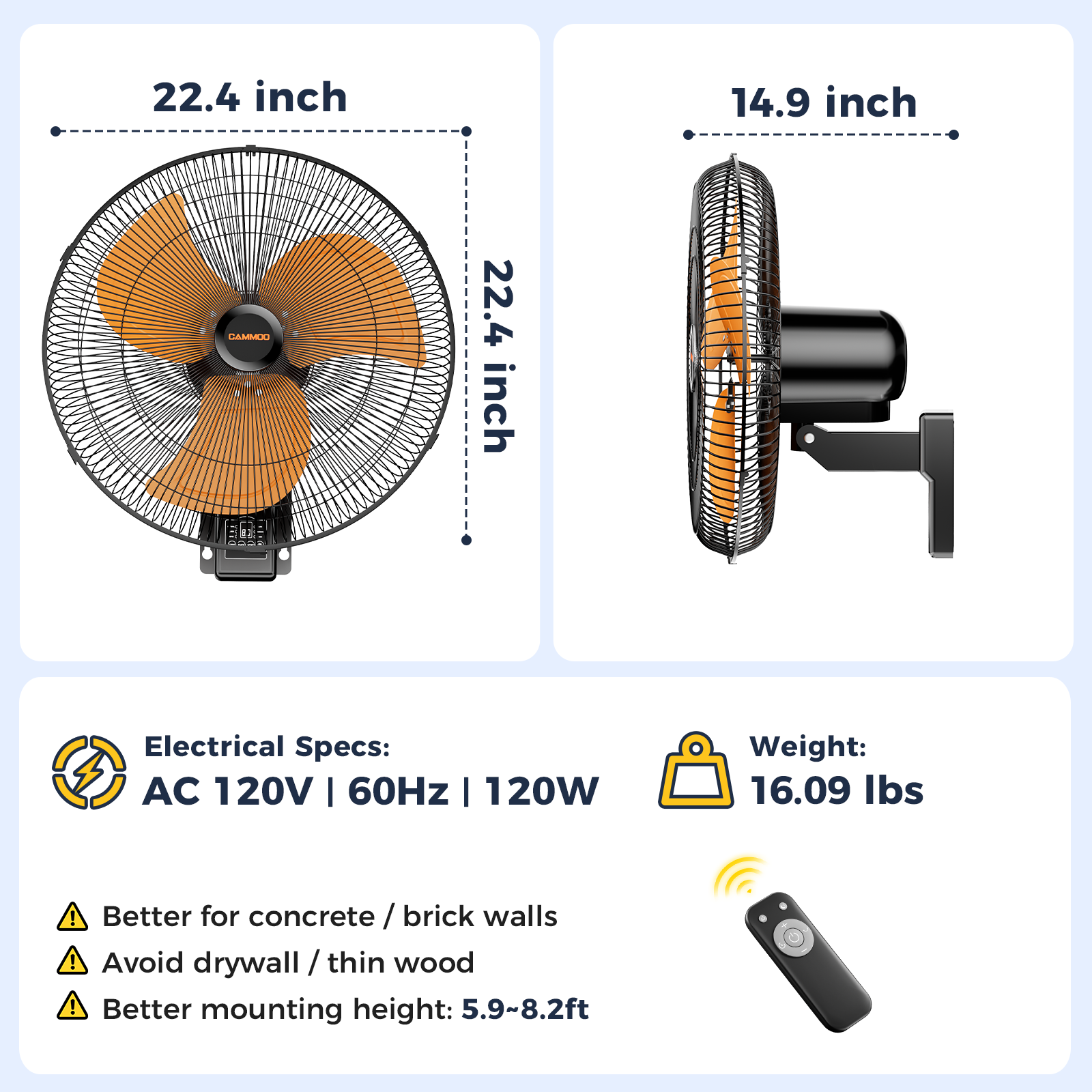 CAMMOO 20 Inch Wall Mount Fan Oscillating, Wireless Remote & Button Control