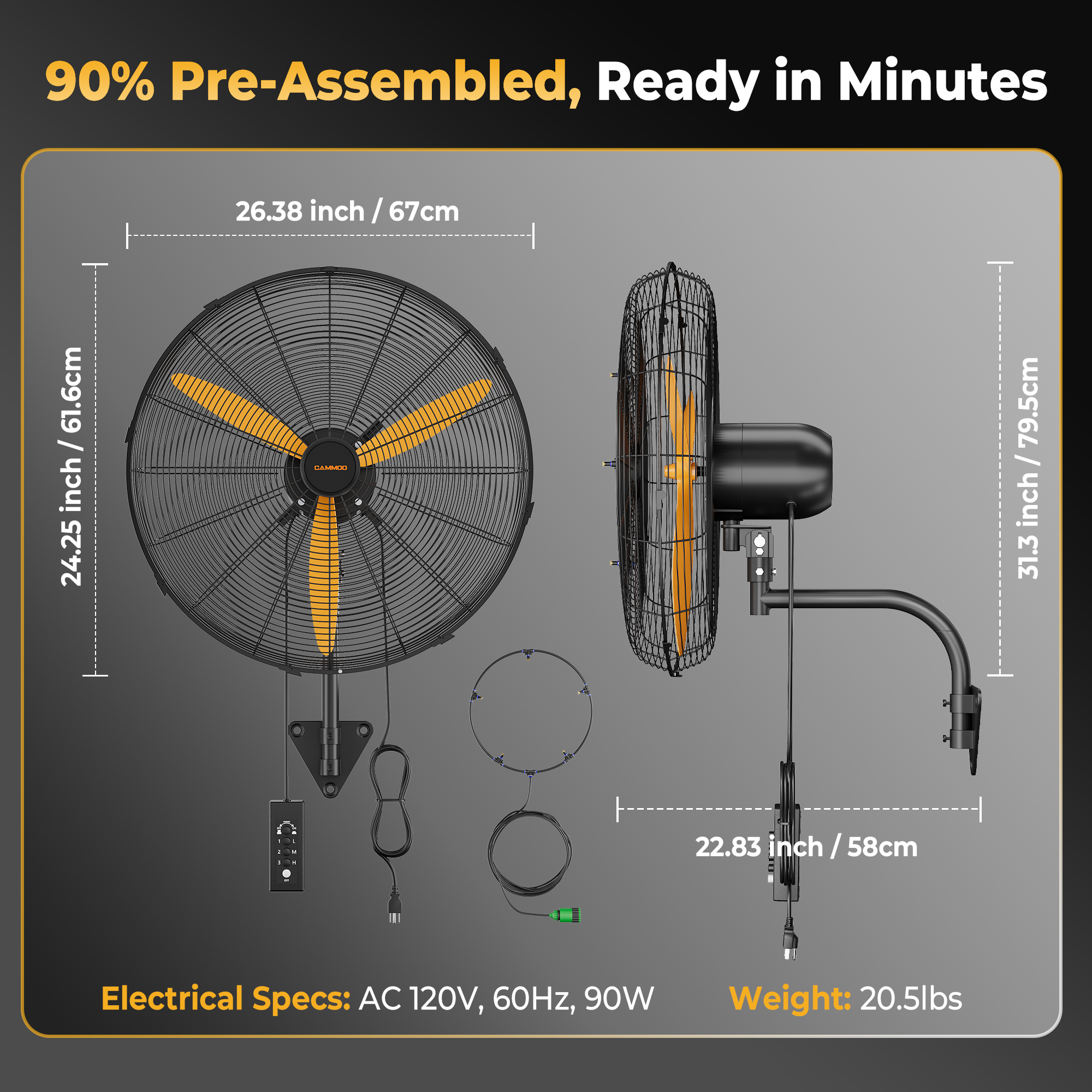 Cammoo 24 Inch Oscillating Misting Wall Mount Fan