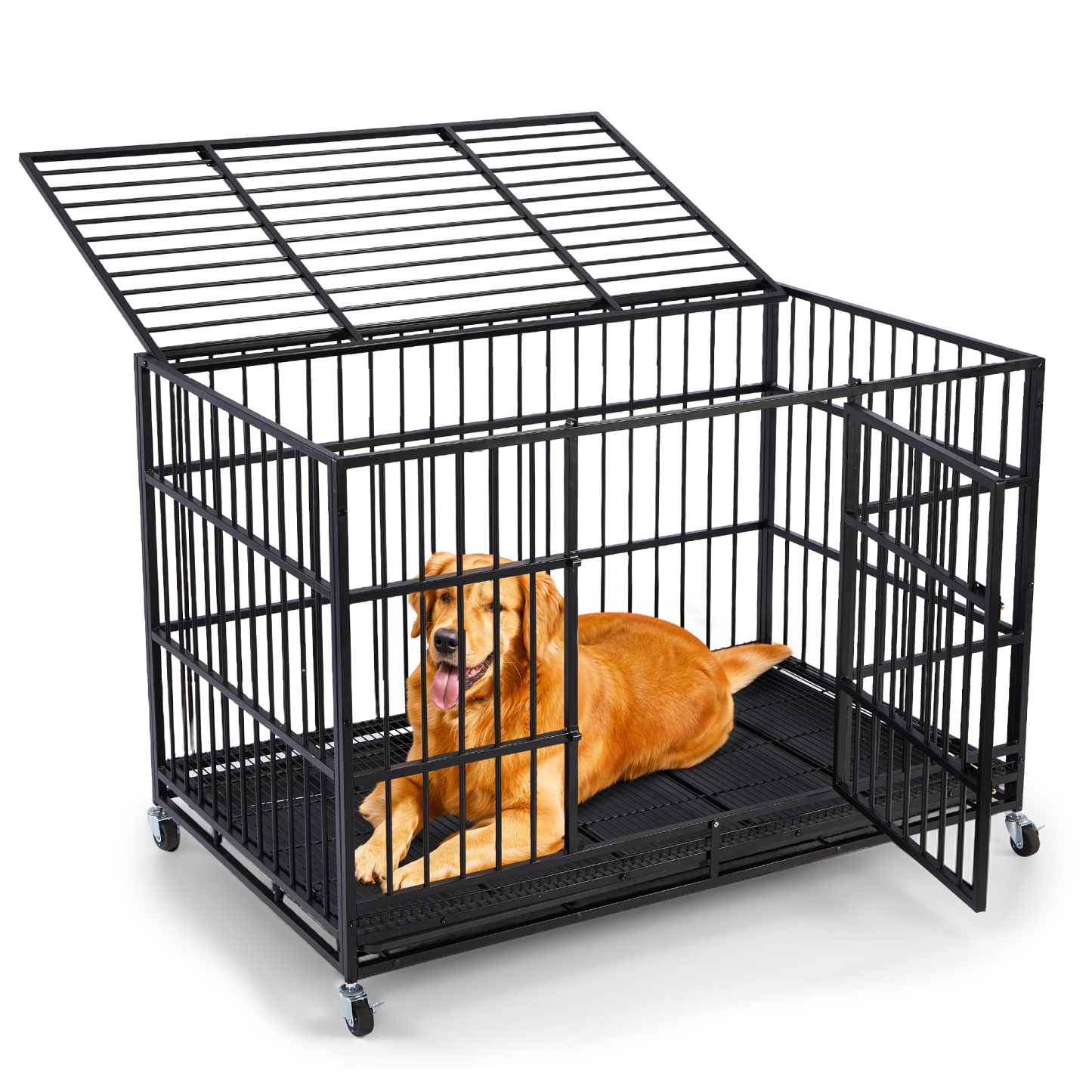 CAMMOO 48" Heavy Duty Dog Crate Cage with 4 Lockable Wheels for Indoor & Outdoor,XL Kennel for Large Dog,Max Load 300Lbs