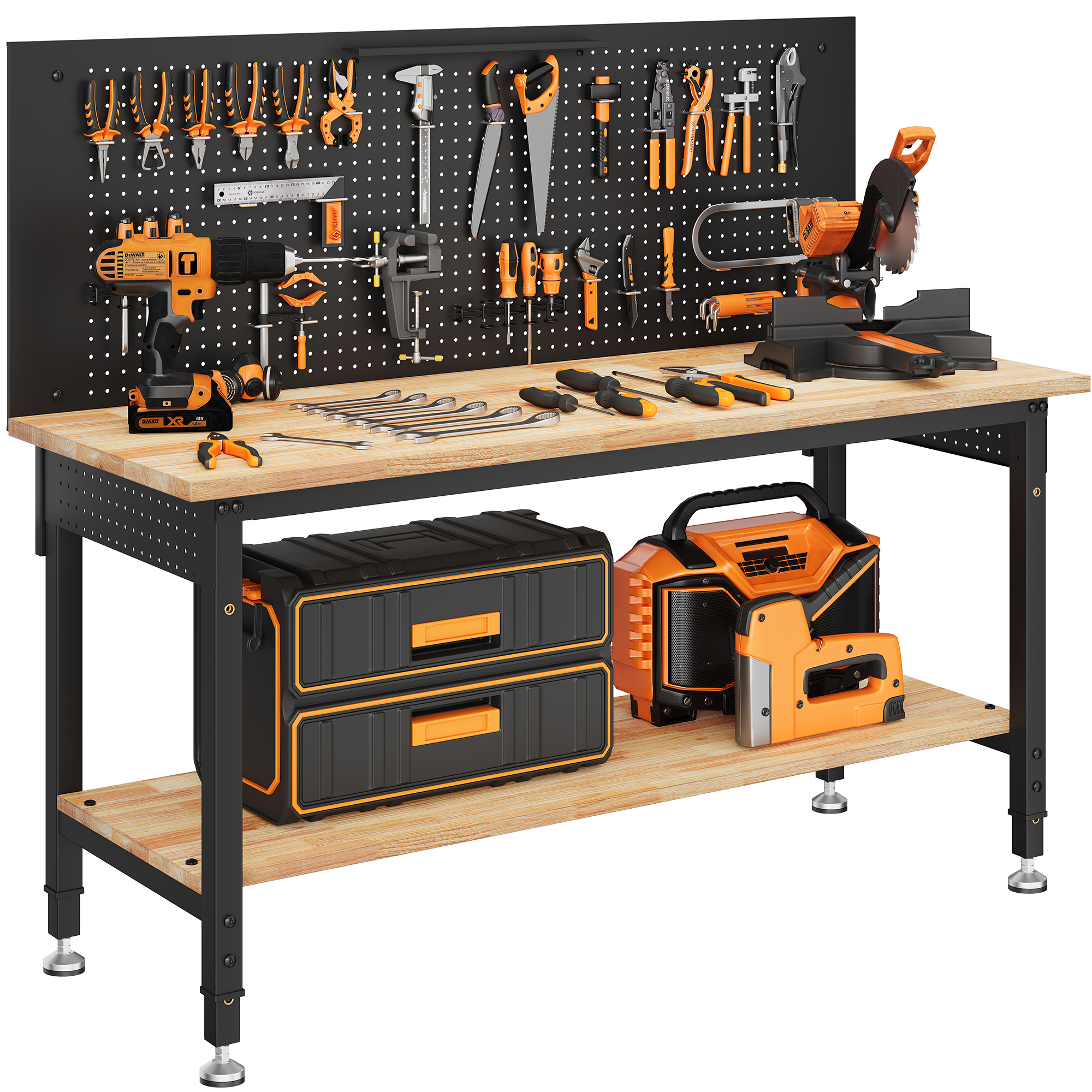 60" Work Bench Adjustable Height with Storage Shelf, Max Load 2000 LBS Heavy Duty Rubberwood Tabletop with Pegboard, LED Light, Built-in Power Strip for Woodworking Shop, Garage, Home