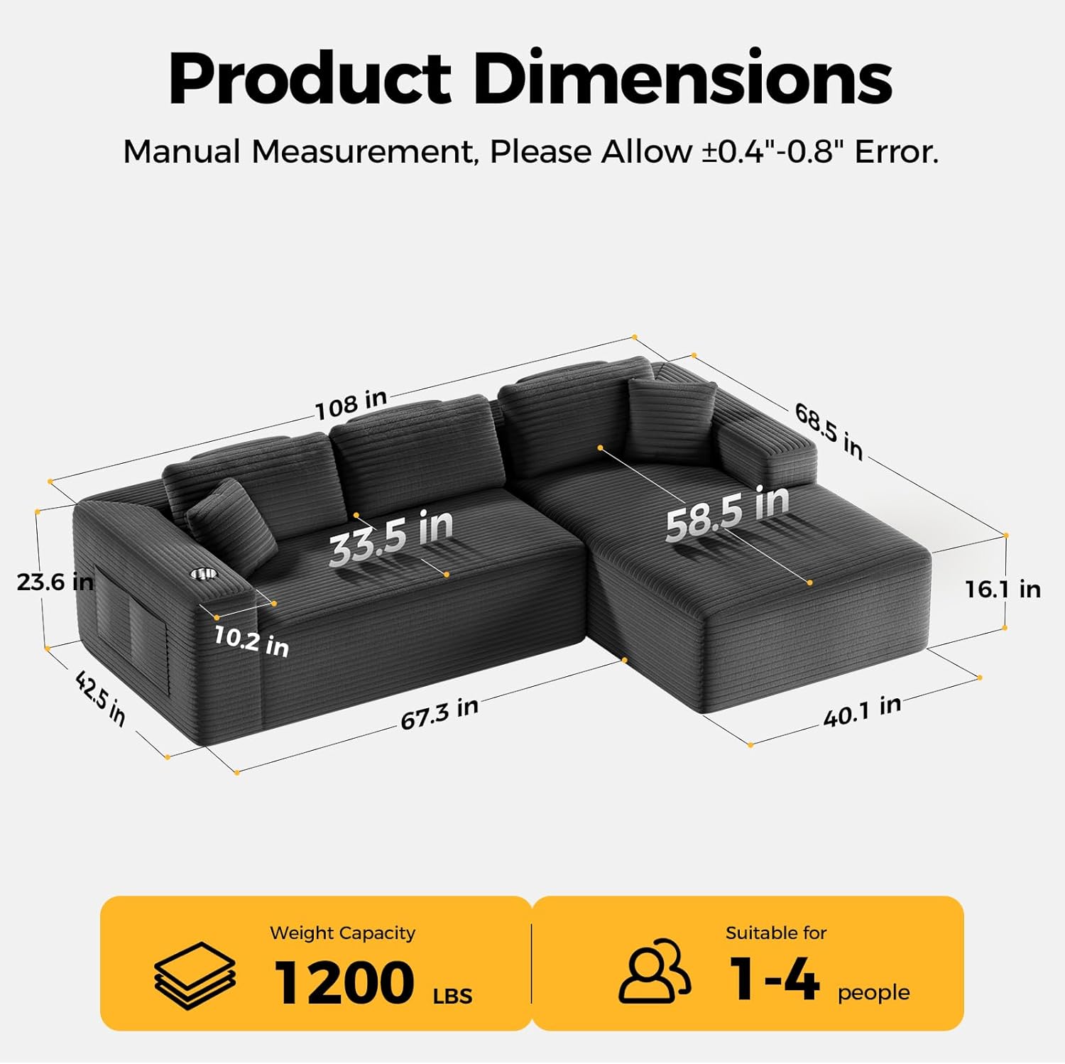 CAMMOO 108" L-Shaped Boneless Sectional Sofa, Cloud Couch in One Box (Grey, Right Hand Facing) 