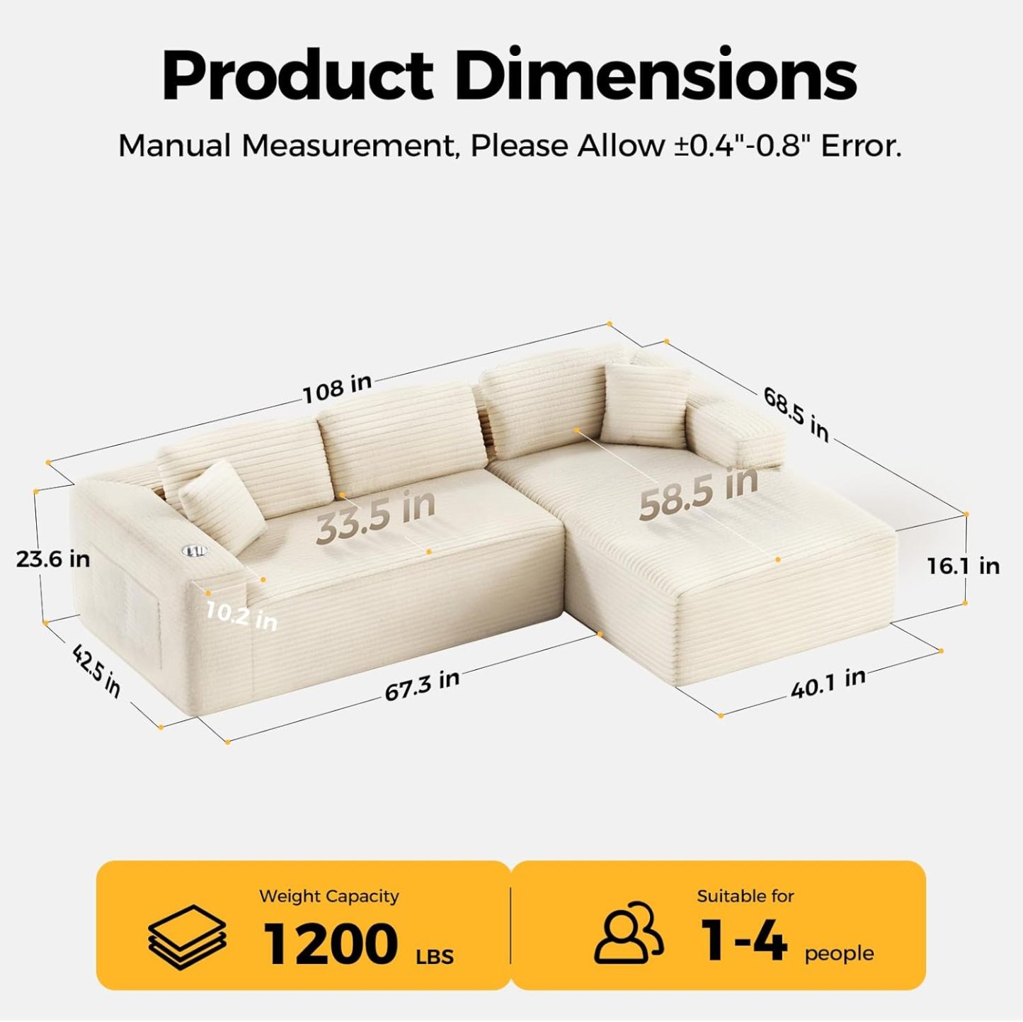 CAMMOO 108" L-Shaped Boneless Sectional Sofa, Cloud Couch in One Box (Beige, Right Hand Facing) 