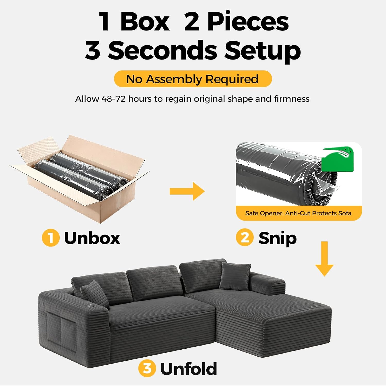 CAMMOO 108" L-Shaped Boneless Sectional Sofa, Cloud Couch in One Box (Grey, Right Hand Facing) 