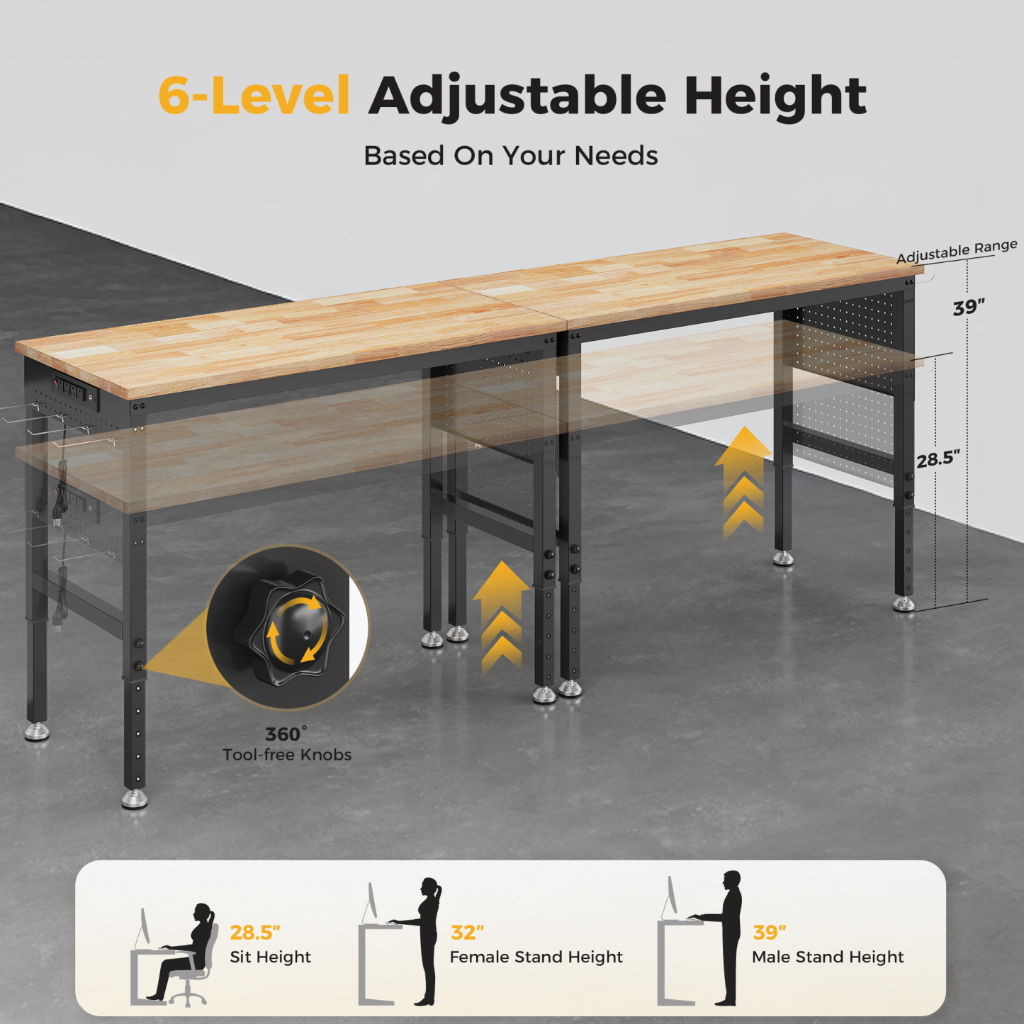 CAMMOO 96" Adjustable Heavy Duty Workbench, 2000 lbs Load Work Table with Pegboard, Power Outlets, Work Bench for Garage, Office, Home,Ships in 2 Boxes