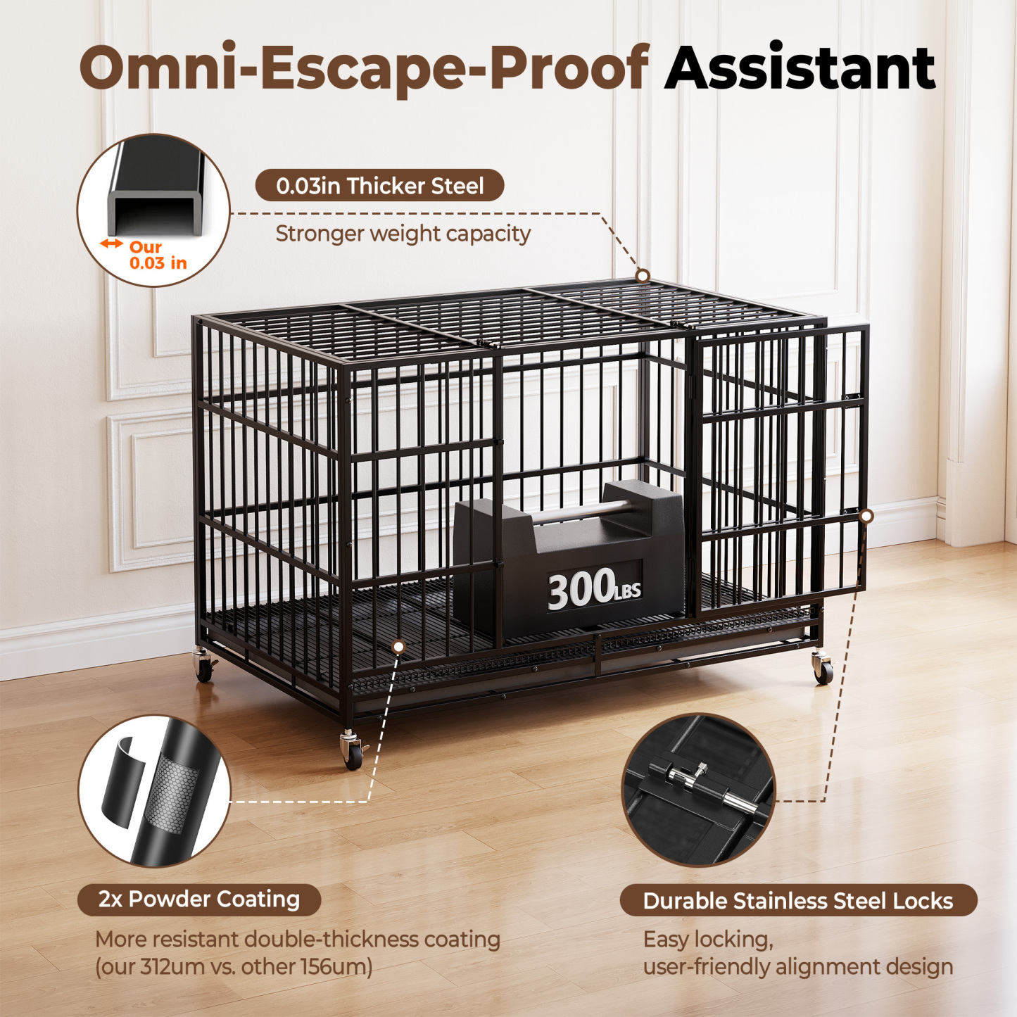 CAMMOO 48" Heavy Duty Dog Crate Cage with 4 Lockable Wheels for Indoor & Outdoor,XL Kennel for Large Dog,Max Load 300Lbs