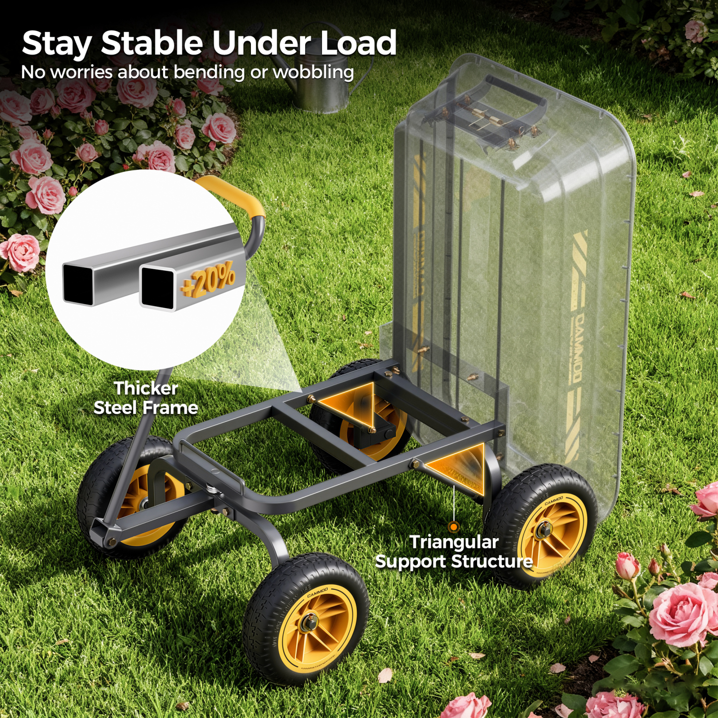 CAMMOO 600 lbs Heavy Duty Garden Dump Cart, 4 Cu. Ft. Utility Wagon with 10" No-Flat Tires, Quick-Release Dumping for Yard, Lawn, Landscaping & Gardening