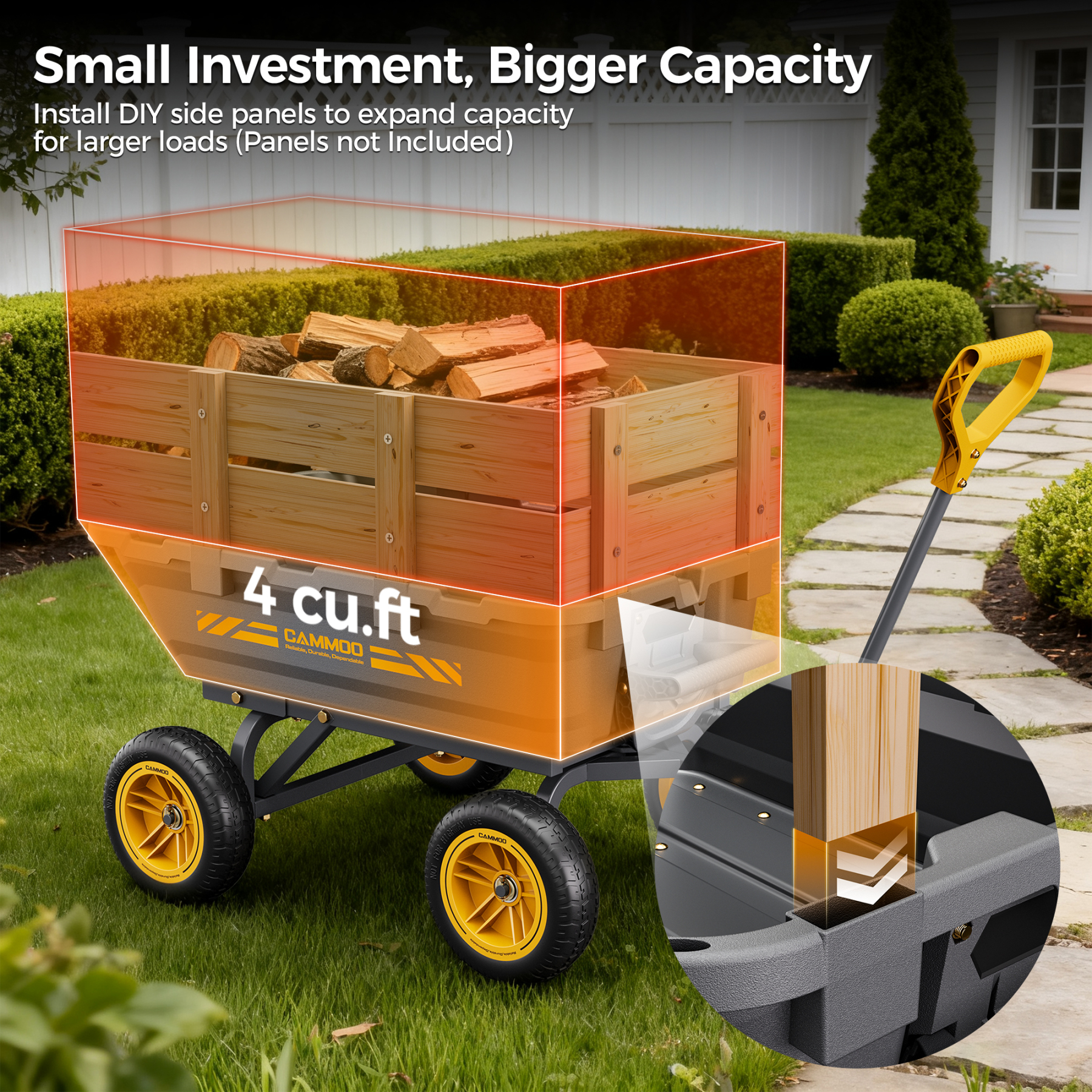 CAMMOO 900lbs Utility Heavy-Duty Garden Dump Cart Wagon DIY Expandable Capacity Over 4 Cu.Ft with 10" NO-FLAT TIRES for Landscaping Gardening