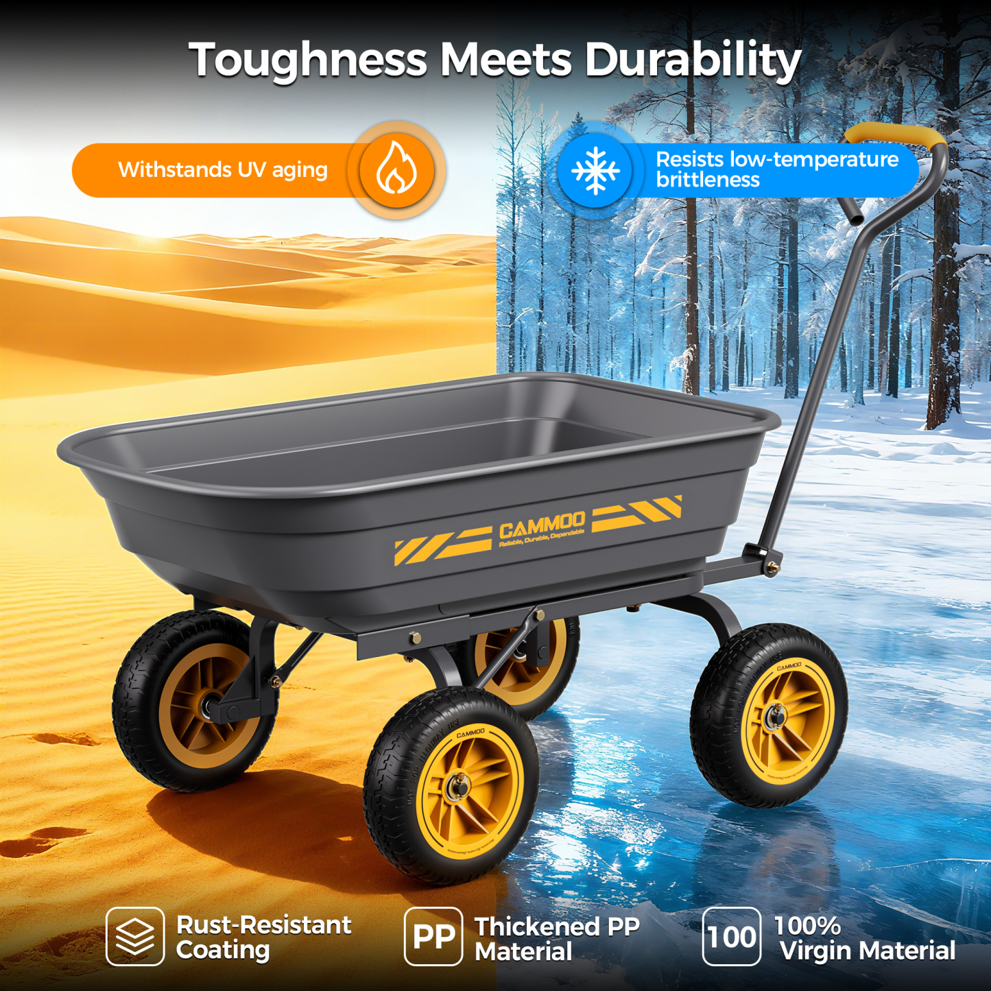 CAMMOO 600 lbs Heavy Duty Garden Dump Cart, 4 Cu. Ft. Utility Wagon with 10" No-Flat Tires, Quick-Release Dumping for Yard, Lawn, Landscaping & Gardening