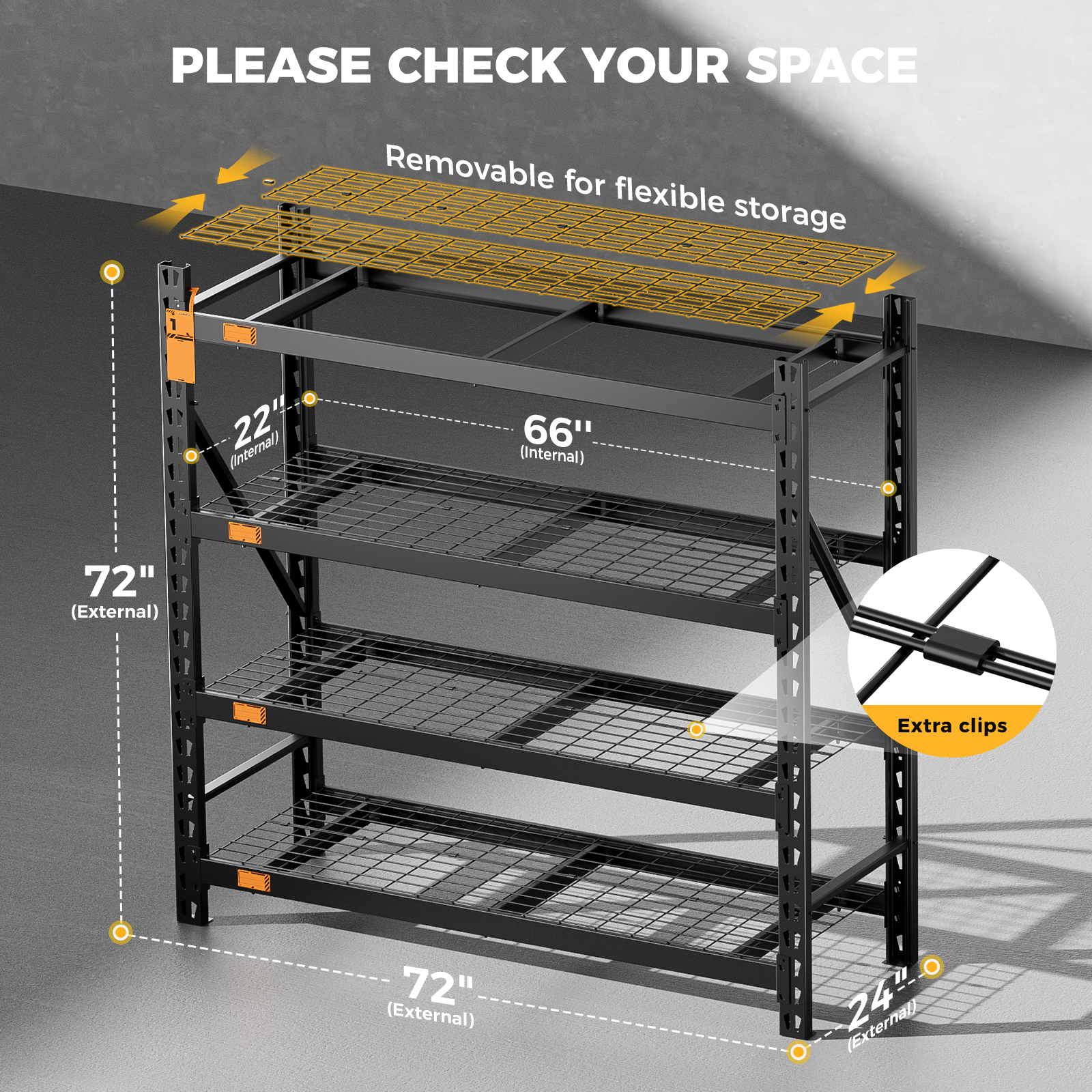 CAMMOO 6000 lbs Heavy Duty Garage Shelving, 61"W Adjustable Storage Shelves, 4 Tiers Metal Storage Rack for Warehouse, Basement, Workshop, 61"W x 24"D x 72"H