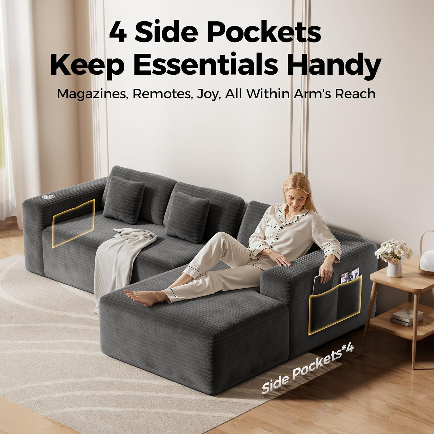 CAMMOO 108" L-Shaped Boneless Sectional Sofa, Cloud Couch in One Box (Grey, Right Hand Facing) 