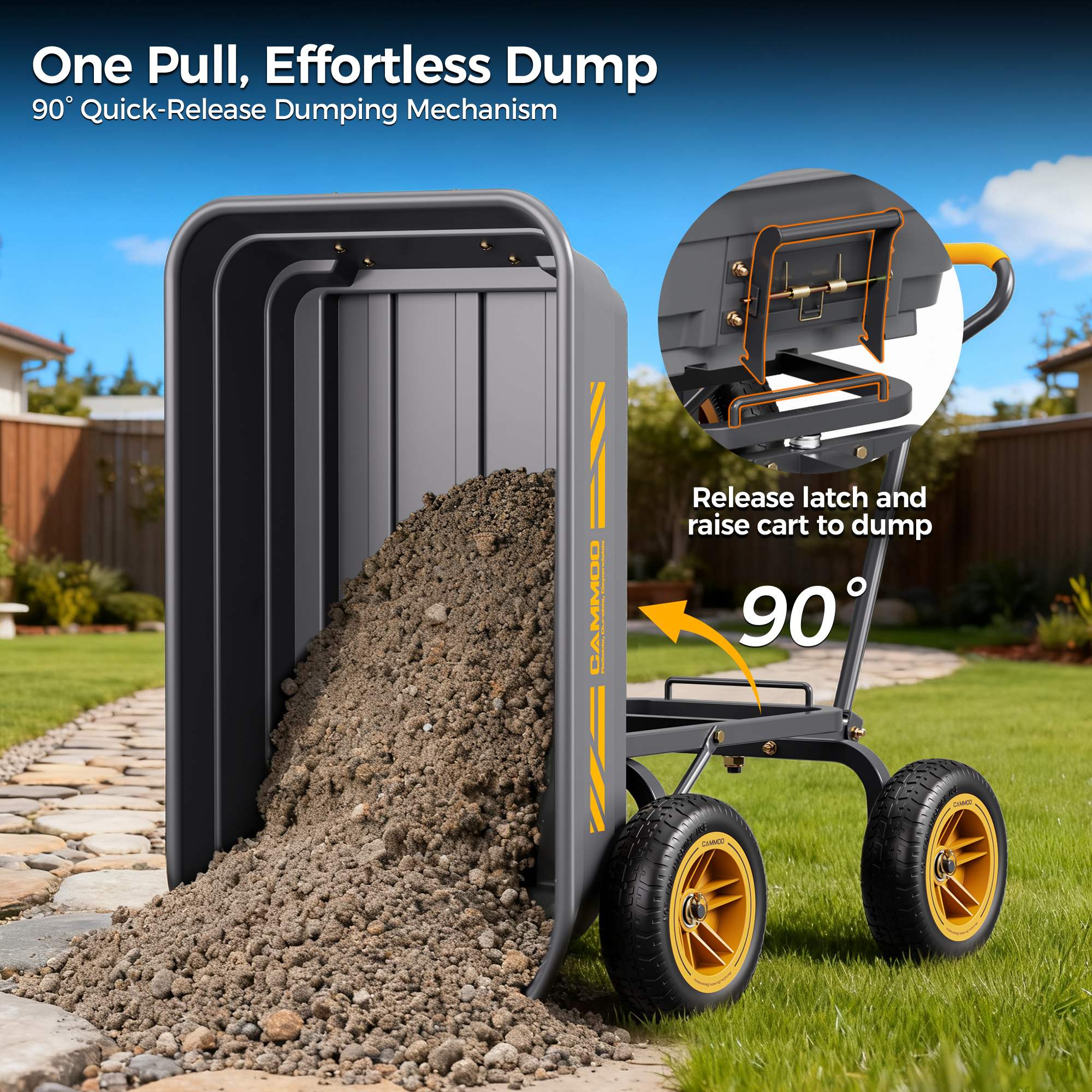CAMMOO 600 lbs Heavy Duty Garden Dump Cart, 4 Cu. Ft. Utility Wagon with 10" No-Flat Tires, Quick-Release Dumping for Yard, Lawn, Landscaping & Gardening