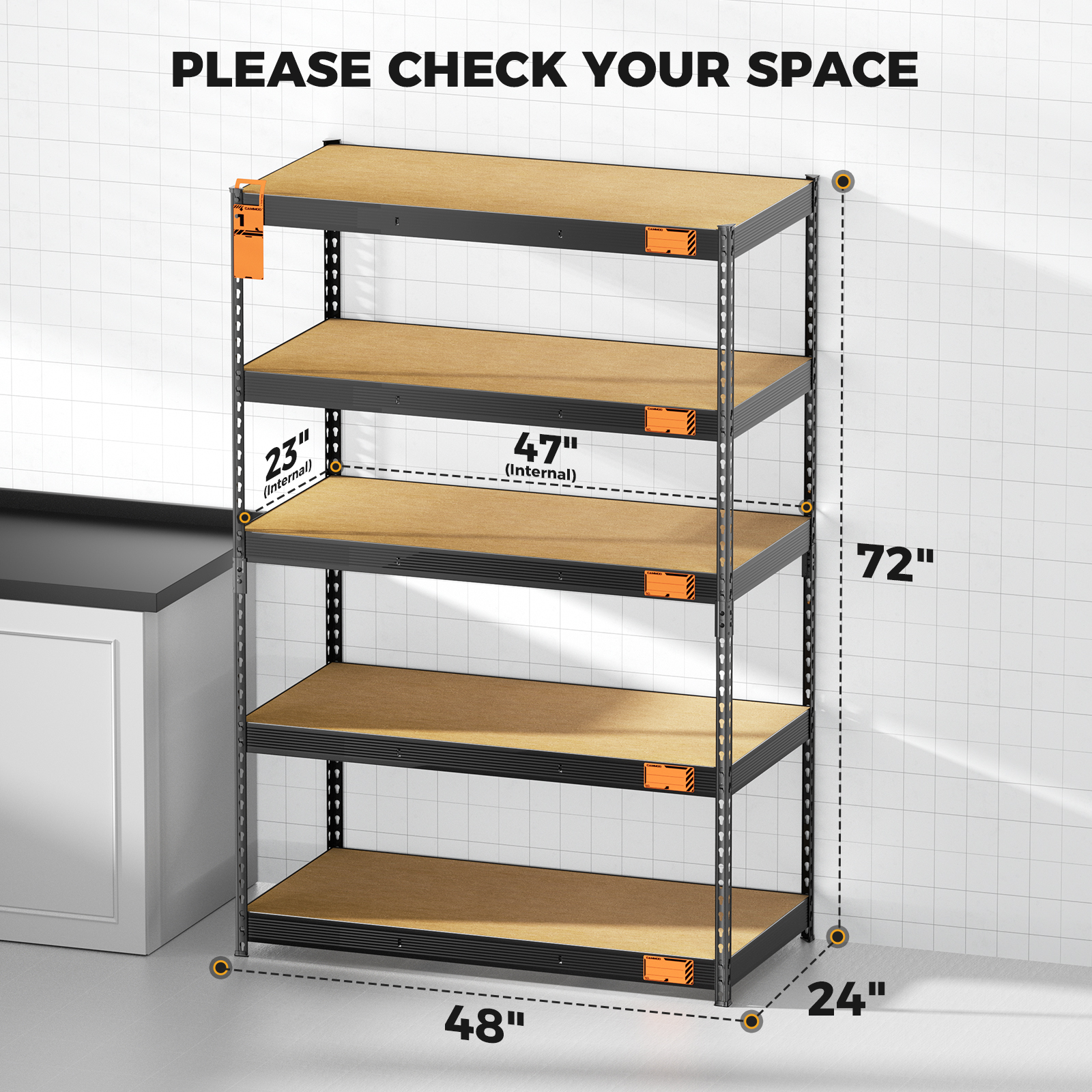 CAMMOO 4000 lbs 5-Tier Heavy Duty Garage Shelving Unit, 24"D x 48"W x 72"H Metal Storage Shelves with Adjustable MDF Boards, Utility Tool Rack for Garage, Warehouse, Basement