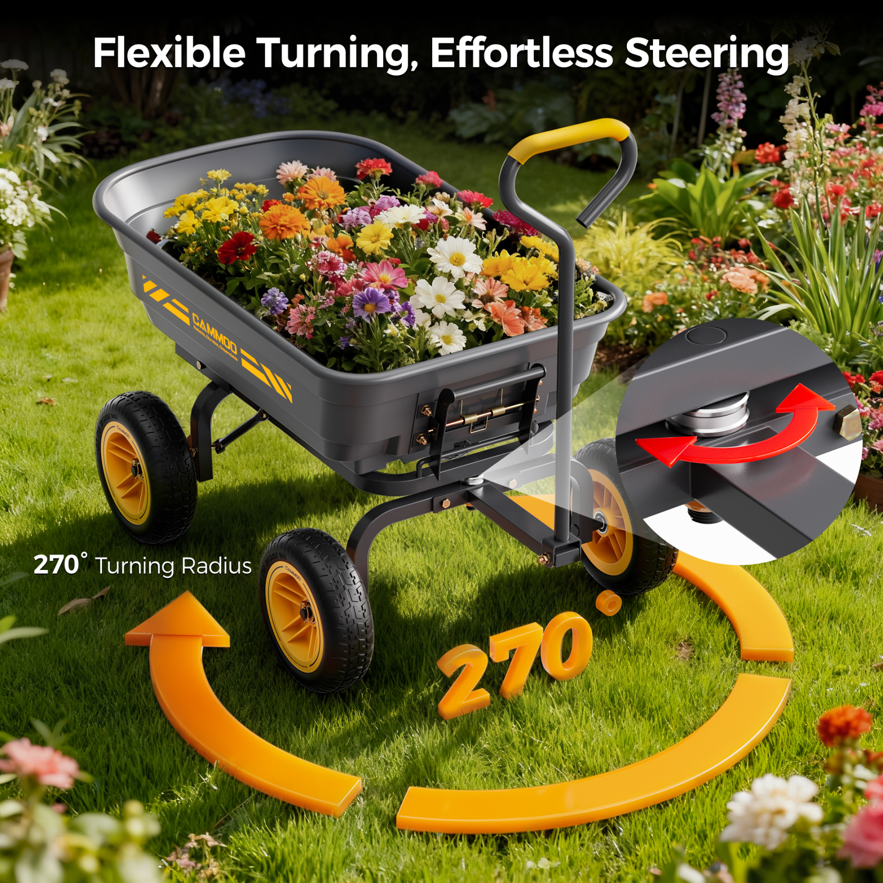 CAMMOO 600 lbs Heavy Duty Garden Dump Cart, 4 Cu. Ft. Utility Wagon with 10" No-Flat Tires, Quick-Release Dumping for Yard, Lawn, Landscaping & Gardening