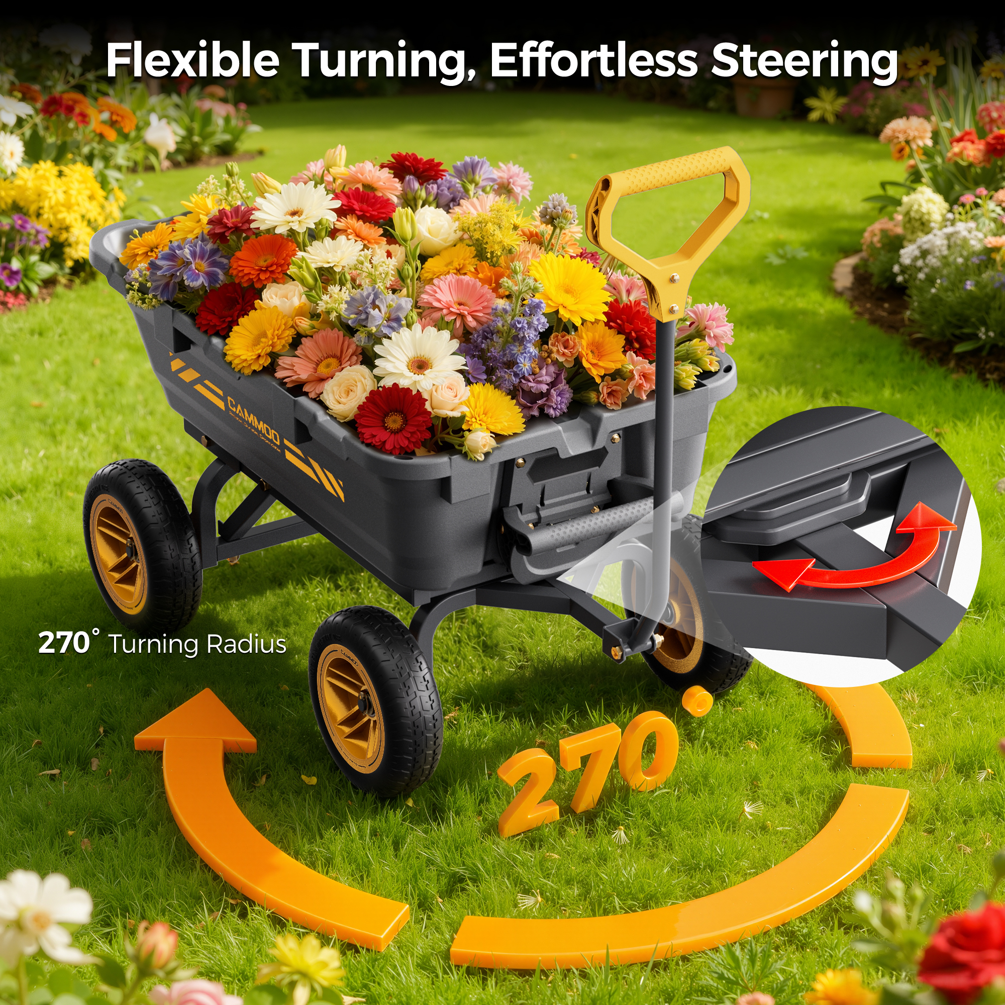 CAMMOO 900lbs Utility Heavy-Duty Garden Dump Cart Wagon DIY Expandable Capacity Over 4 Cu.Ft with 10" NO-FLAT TIRES for Landscaping Gardening