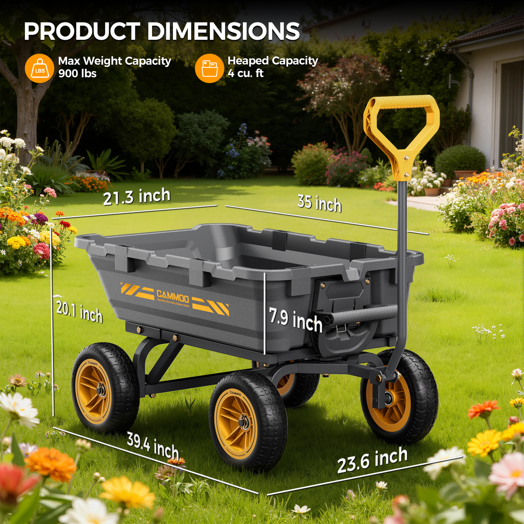 CAMMOO 900lbs Utility Heavy-Duty Garden Dump Cart Wagon DIY Expandable Capacity Over 4 Cu.Ft with 10" NO-FLAT TIRES for Landscaping Gardening