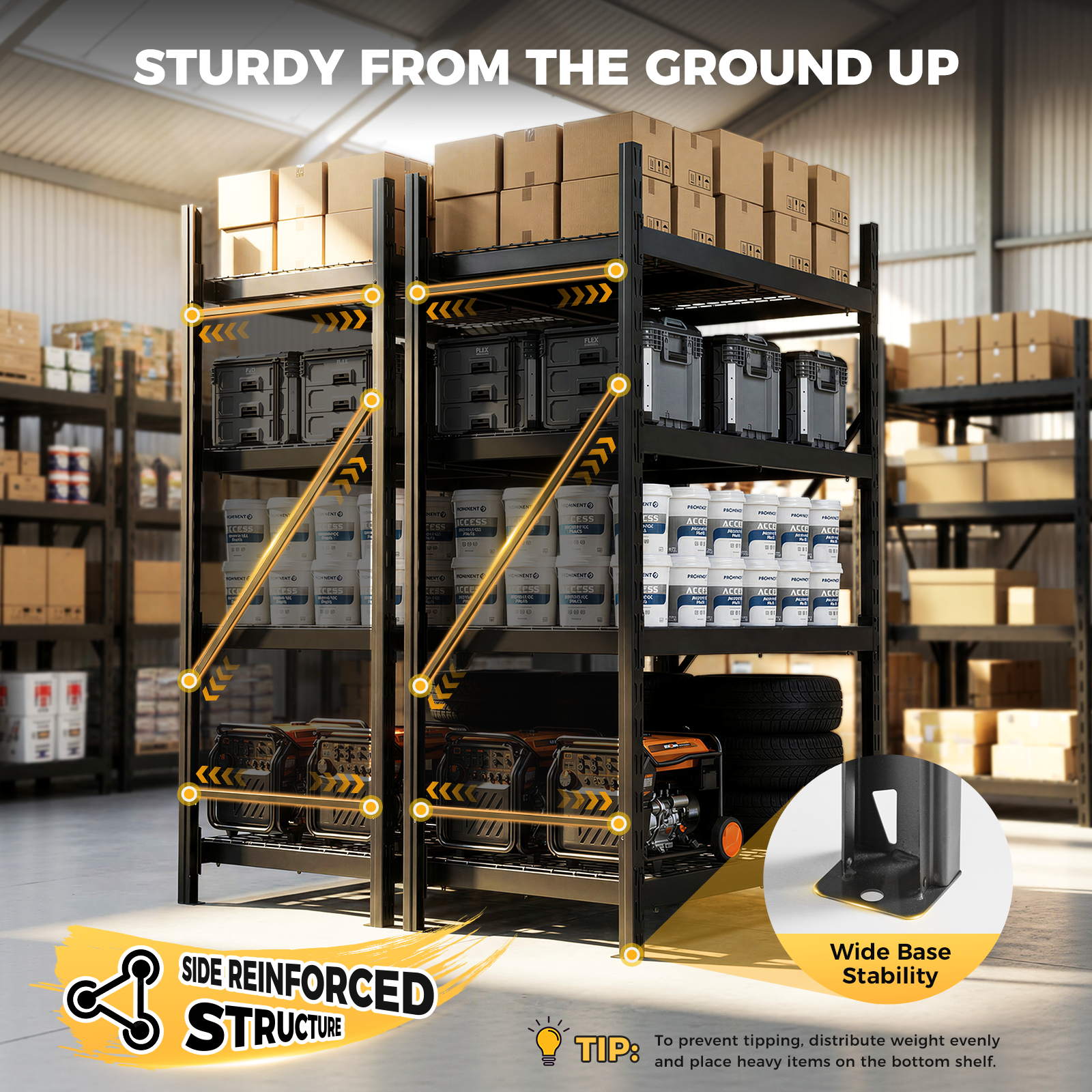 CAMMOO 6000 lbs Heavy Duty Garage Shelving, 61"W Adjustable Storage Shelves, 4 Tiers Metal Storage Rack for Warehouse, Basement, Workshop, 61"W x 24"D x 72"H