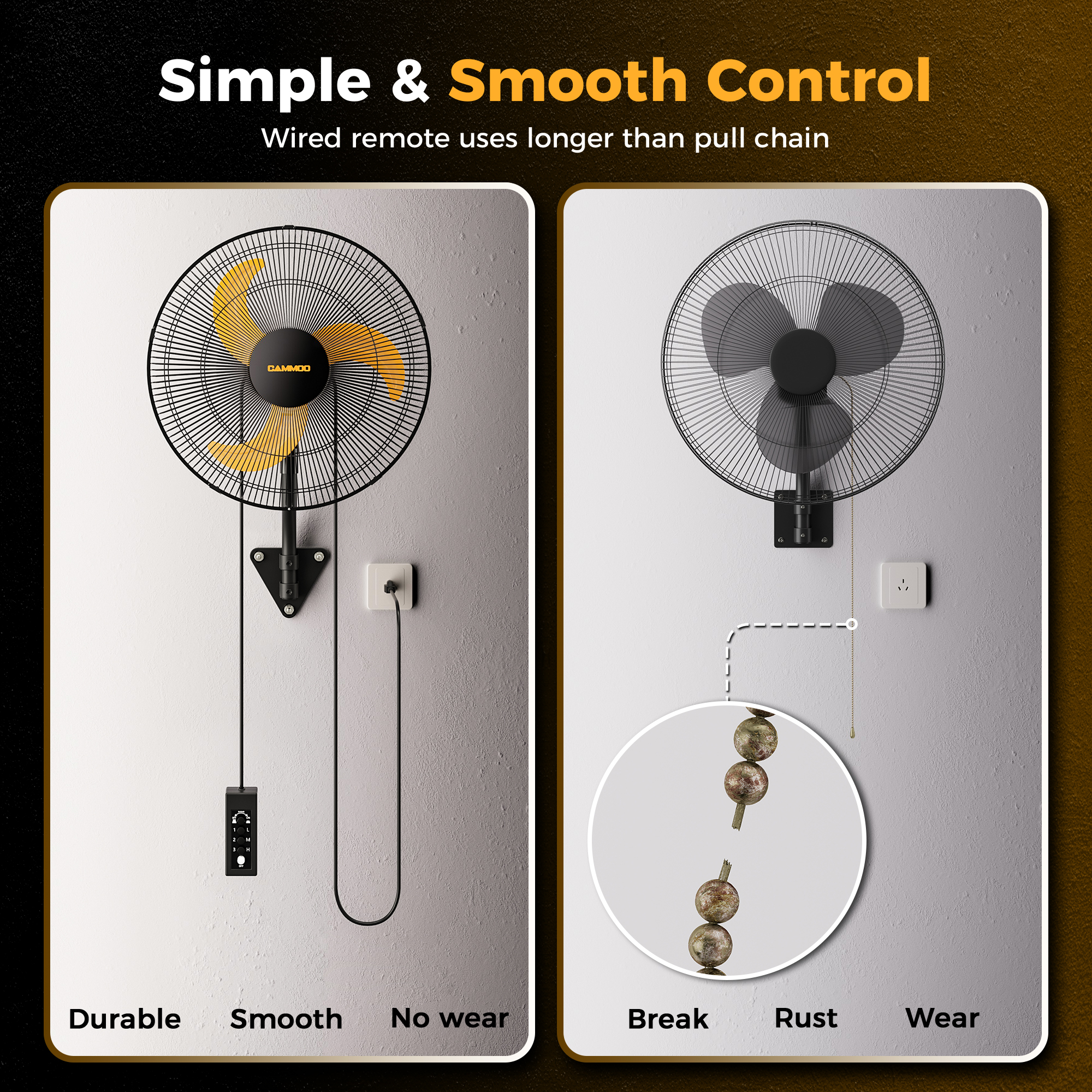  Click to see full view      4+  6 VIDEOS CAMMOO 18 Inch Wall Mount Fan Oscillating, 600D Oxford Cover & Wired Remote