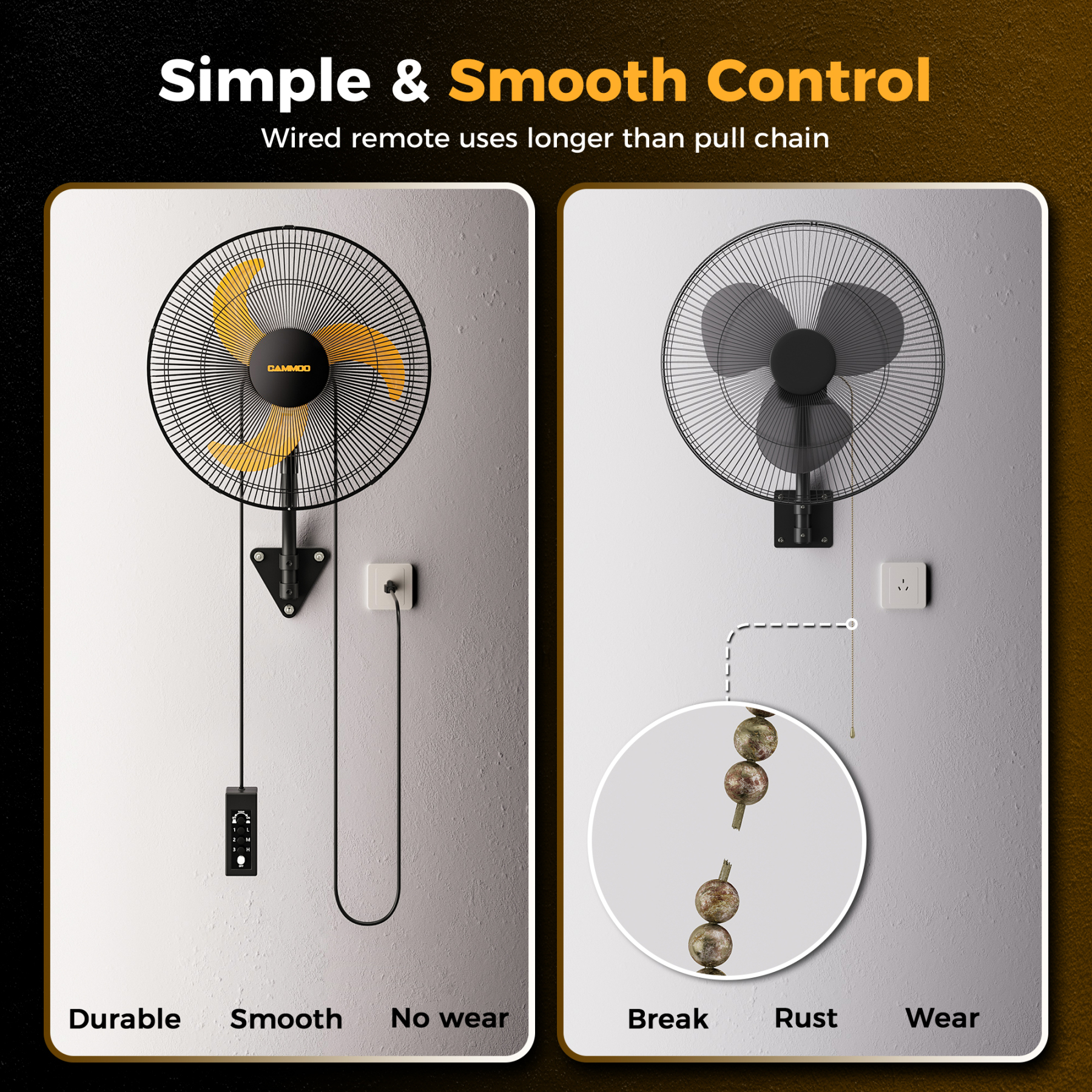  Click to see full view      4+  6 VIDEOS CAMMOO 18 Inch Wall Mount Fan Oscillating, 600D Oxford Cover & Wired Remote