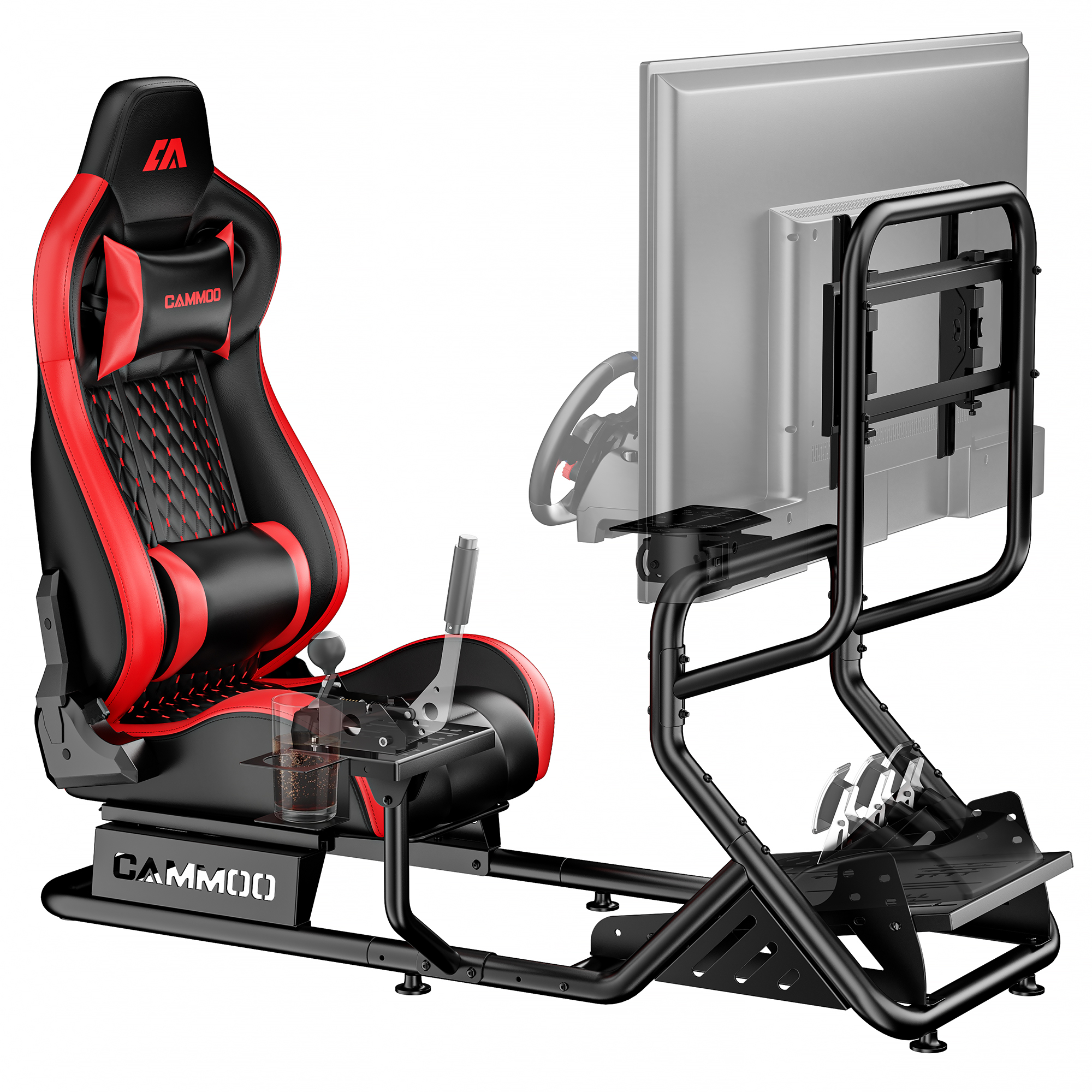 CAMMOO High Compatible Sim Racing Cockpit with Monitor Mount Fits Handbrake | One-Box Shipment, Blister Screws, 31 Holes Wheel Panel, 26 Holes Shifter Panel, Adjustable Racing Simulator Cockpit with Seat