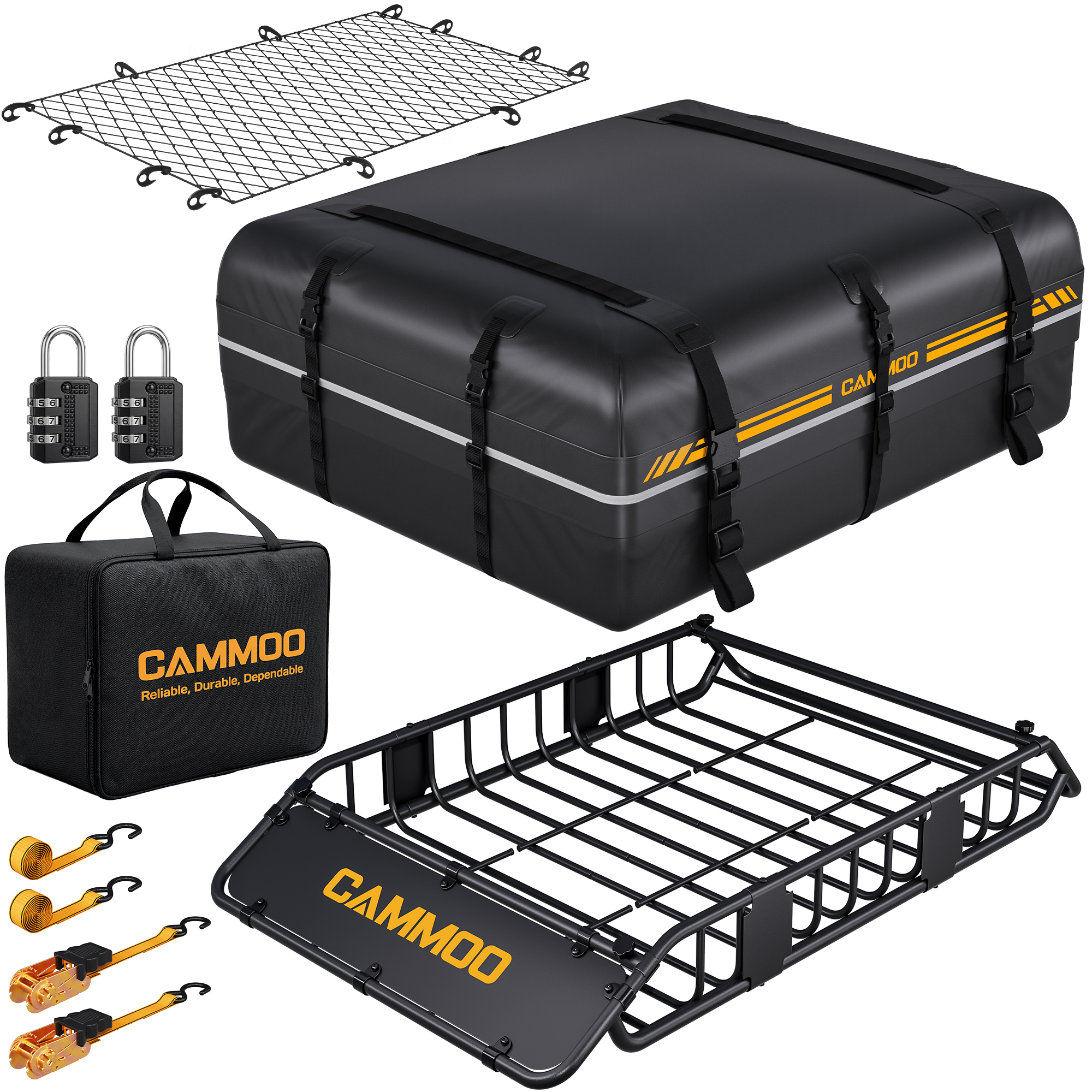 CAMMOO 54"x34" Roof Rack Basket, Removable Fairing & Support Bars for Kayaks/Long Gear, 15 Cu.Ft Waterproof Soft Bag+Lock+Net+Strap–200Lbs Capacity Rooftop Cargo Carrier for SUV Truck Camping