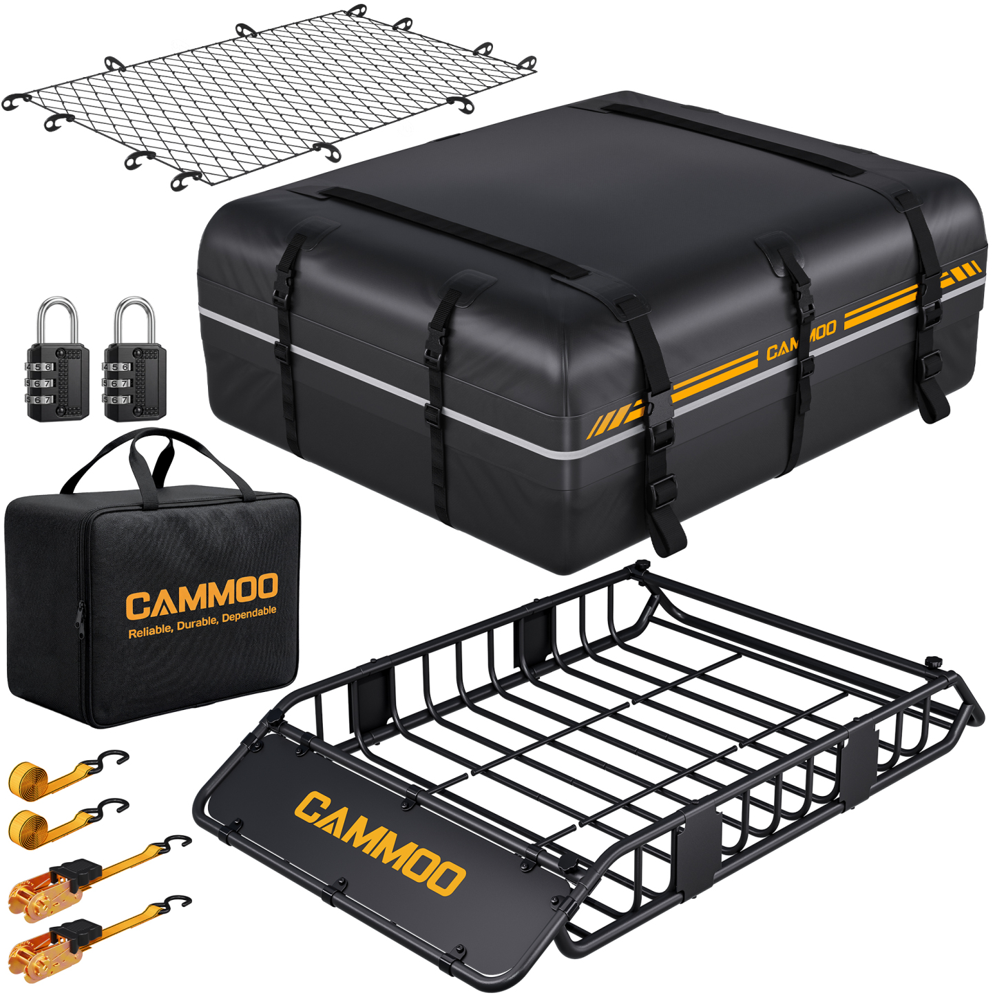 CAMMOO 54"x34" Roof Rack Basket, Removable Fairing & Support Bars for Kayaks/Long Gear, 15 Cu.Ft Waterproof Soft Bag+Lock+Net+Strap–200Lbs Capacity Rooftop Cargo Carrier for SUV Truck Camping