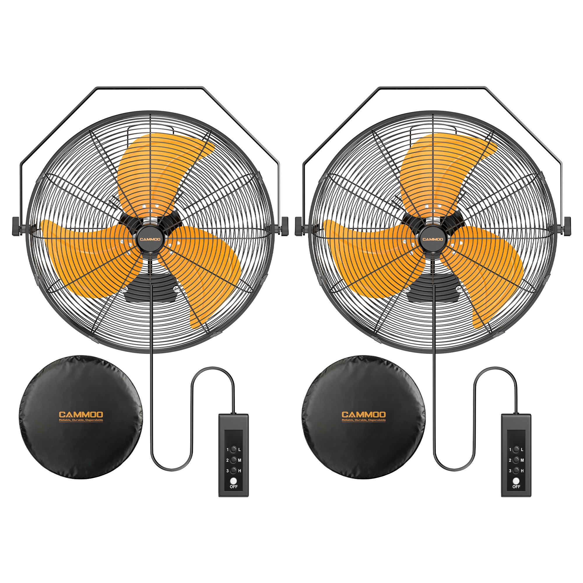 CAMMOO 18 Inch Wall Mount Fan with 600D Oxford Cover, IPX4 Waterproof | Outdoor Fans for Patios, Extended 3.3ft Wired Remote and 6.6ft Power Cord, 3-Speed High Velocity Wall Fan for Garage, 2 Pack