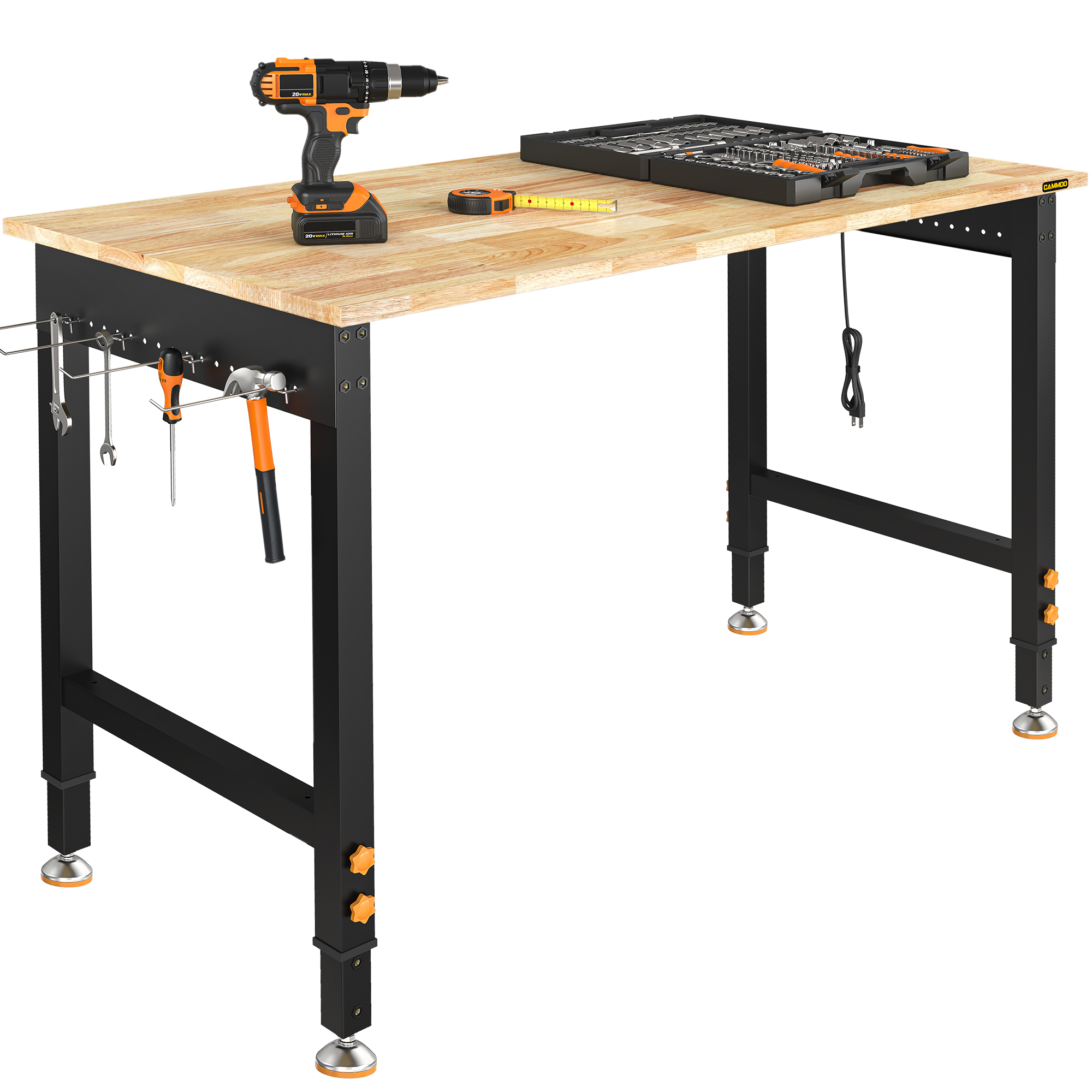 CAMMOO 48" Adjustable Heavy Duty Workbench, 2000 lbs Capacity Solid Rubberwood Top Desk with ETL Power Strip & Tool-Free 6-Height Adjustment for Garage, Workshop, Office