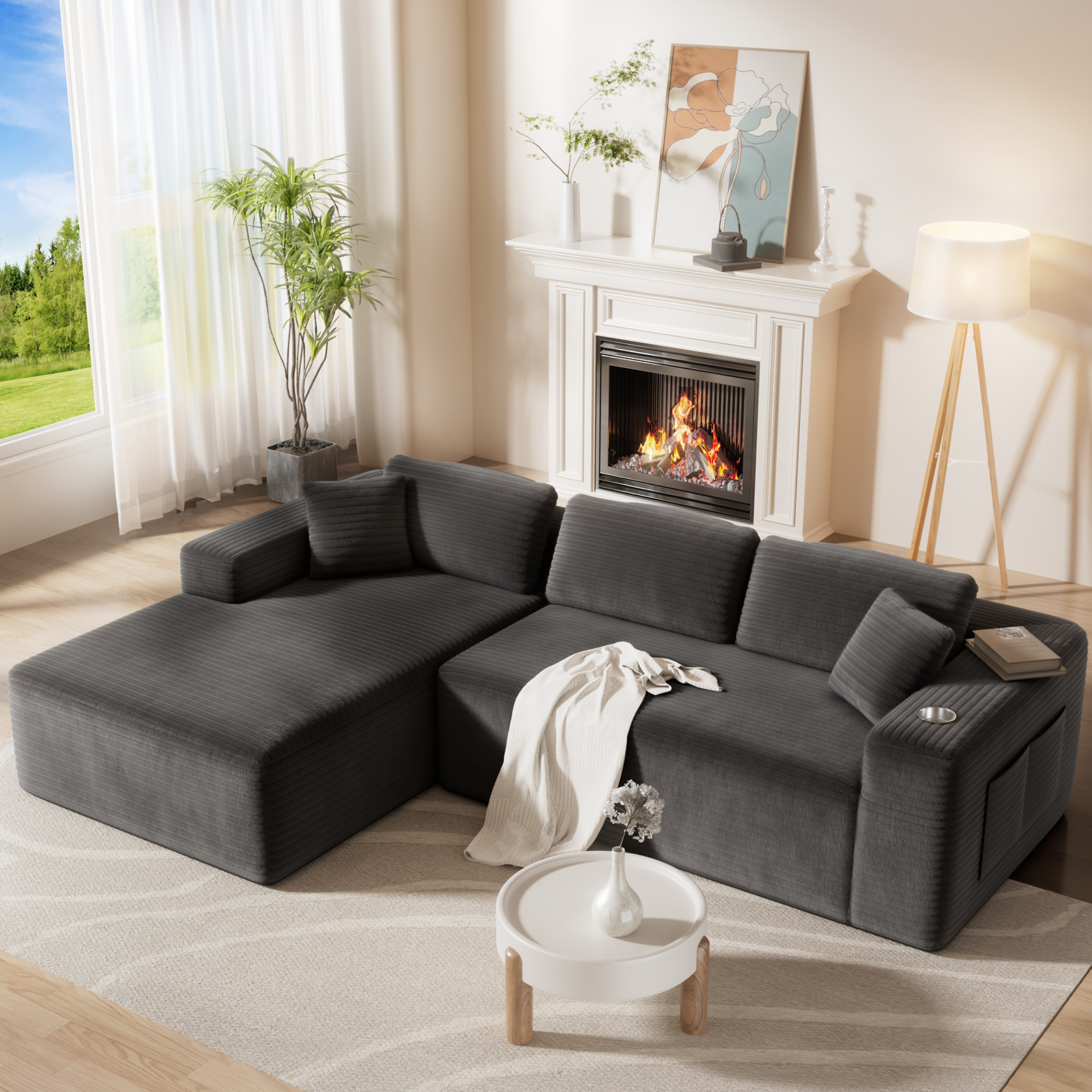 Amsleekey 108" Oversized Modular Sectional Sofa, L-Shaped Corduroy Cloud Couch, Comfy Sleeper Sofa with Storage Pockets & Tray, No Assembly Required, Grey (Right Facing Chaise)