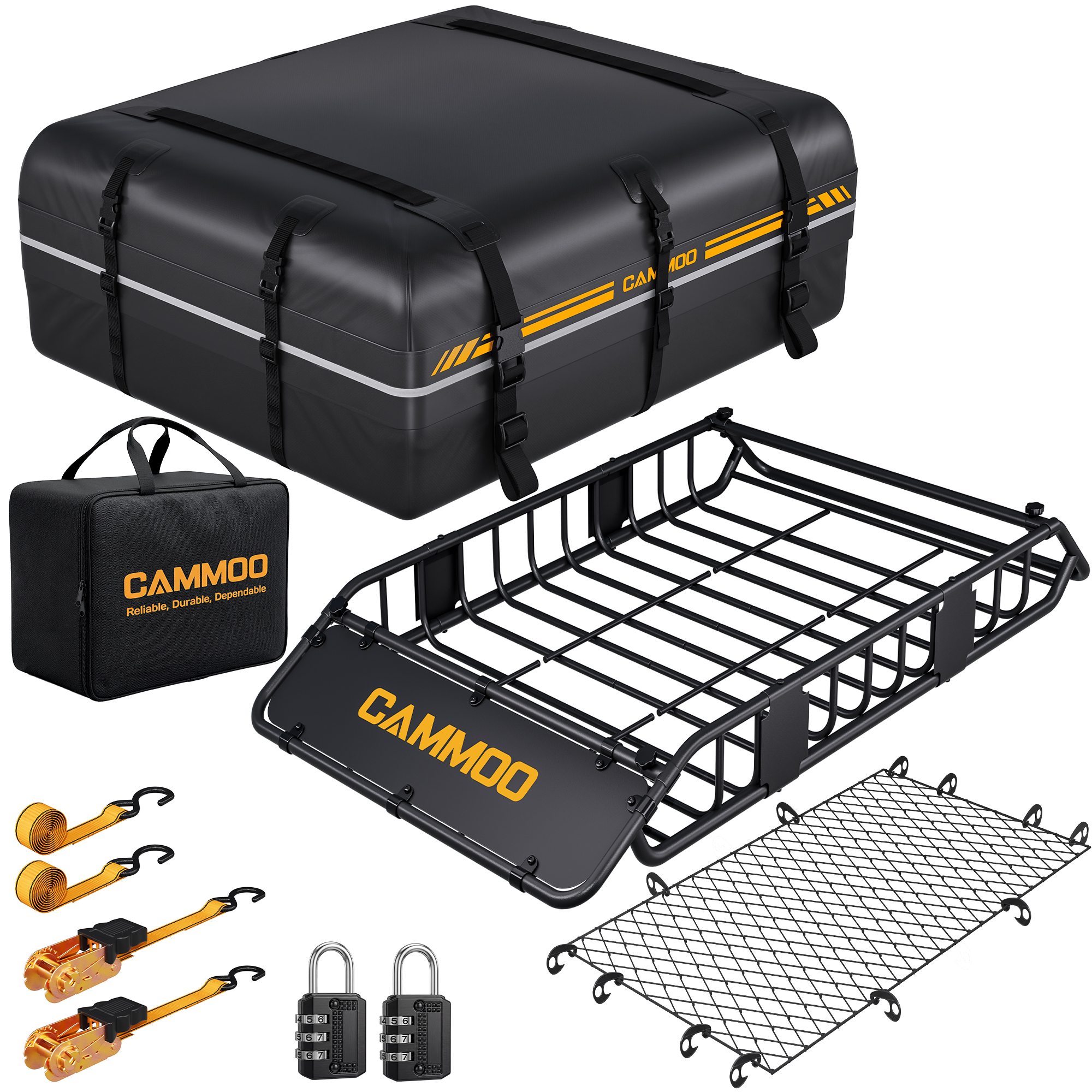 CAMMOO 54"x34" Roof Rack Basket, Removable Fairing & Support Bars for Kayaks/Long Gear, 15 Cu.Ft Waterproof Soft Bag+Lock+Net+Strap–200Lbs Capacity Rooftop Cargo Carrier for SUV Truck Camping