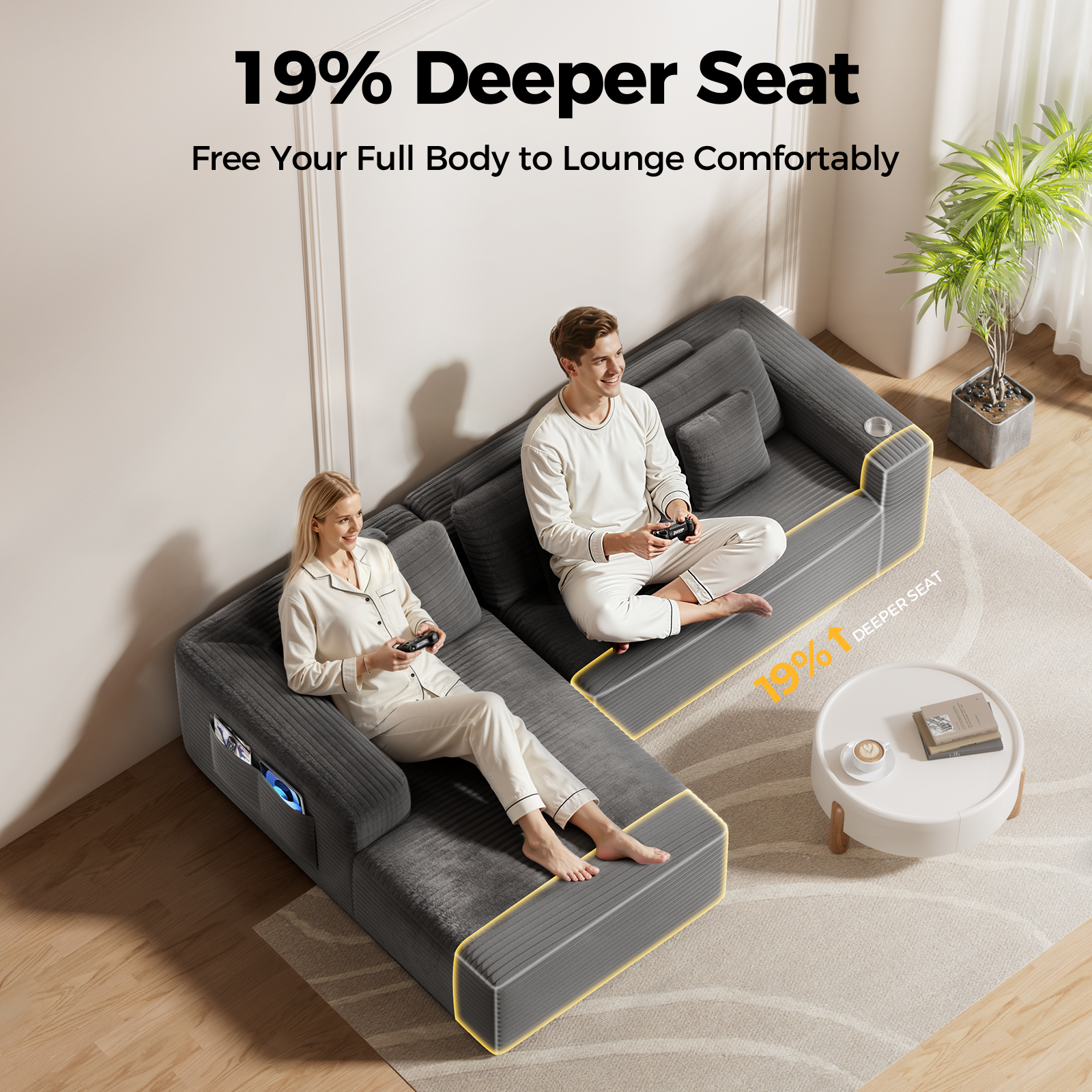 Amsleekey 108" Oversized Modular Sectional Sofa, L-Shaped Corduroy Cloud Couch, Comfy Sleeper Sofa with Storage Pockets & Tray, No Assembly Required, Grey (Right Facing Chaise)