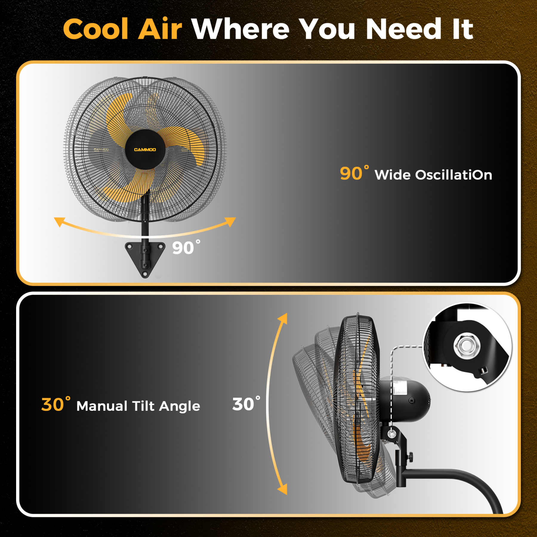  Click to see full view      4+  6 VIDEOS CAMMOO 18 Inch Wall Mount Fan Oscillating, 600D Oxford Cover & Wired Remote