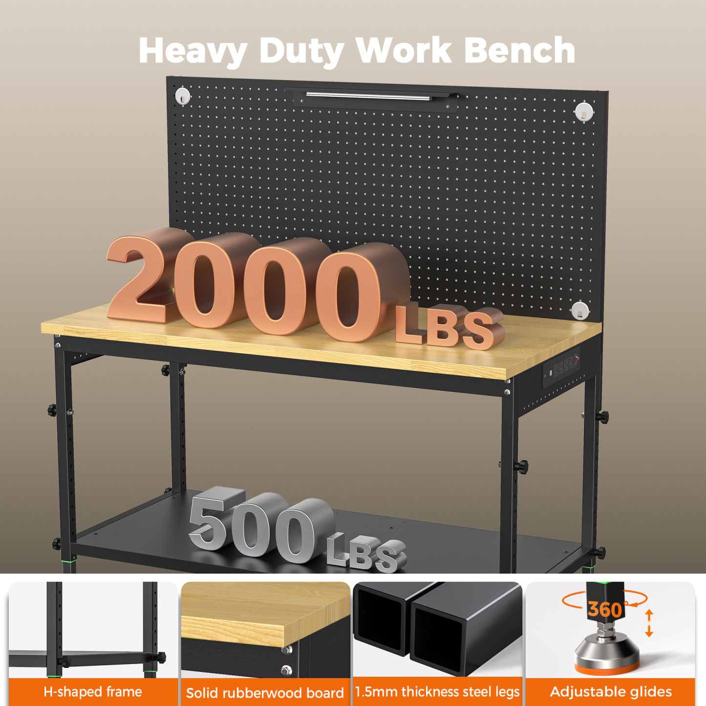 CAMMOO 48" Multifunctional Heavy Duty Workbench for Garage with Pegboard, 2000LBS Load,Adjustable Worktable,Storage Shelf,LED Light, Built-in Power Strip